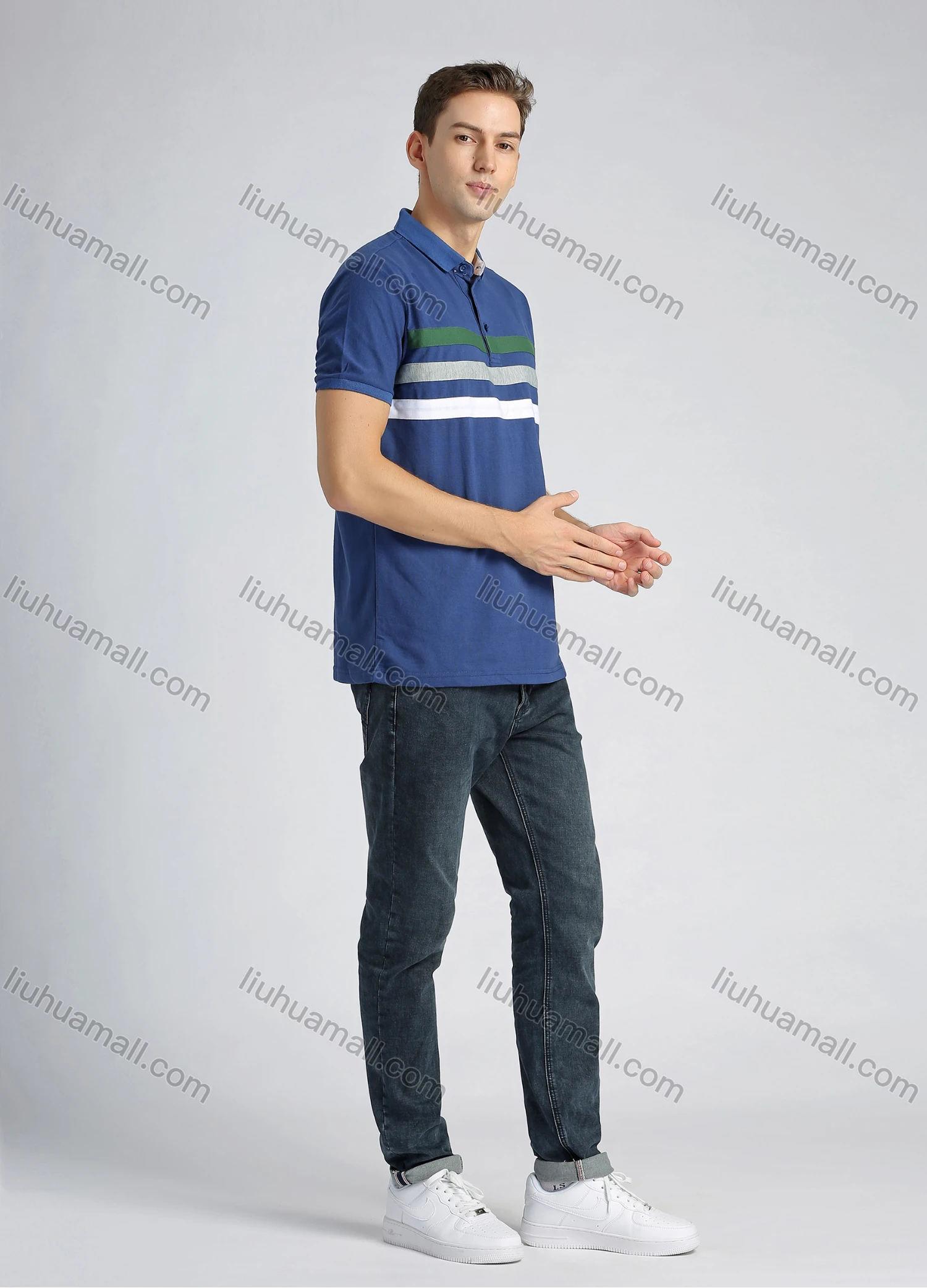 Wholesale Men's Casual Cotton Colokblock Striped Short Sleeve Polo Shirt - Liuhuamall