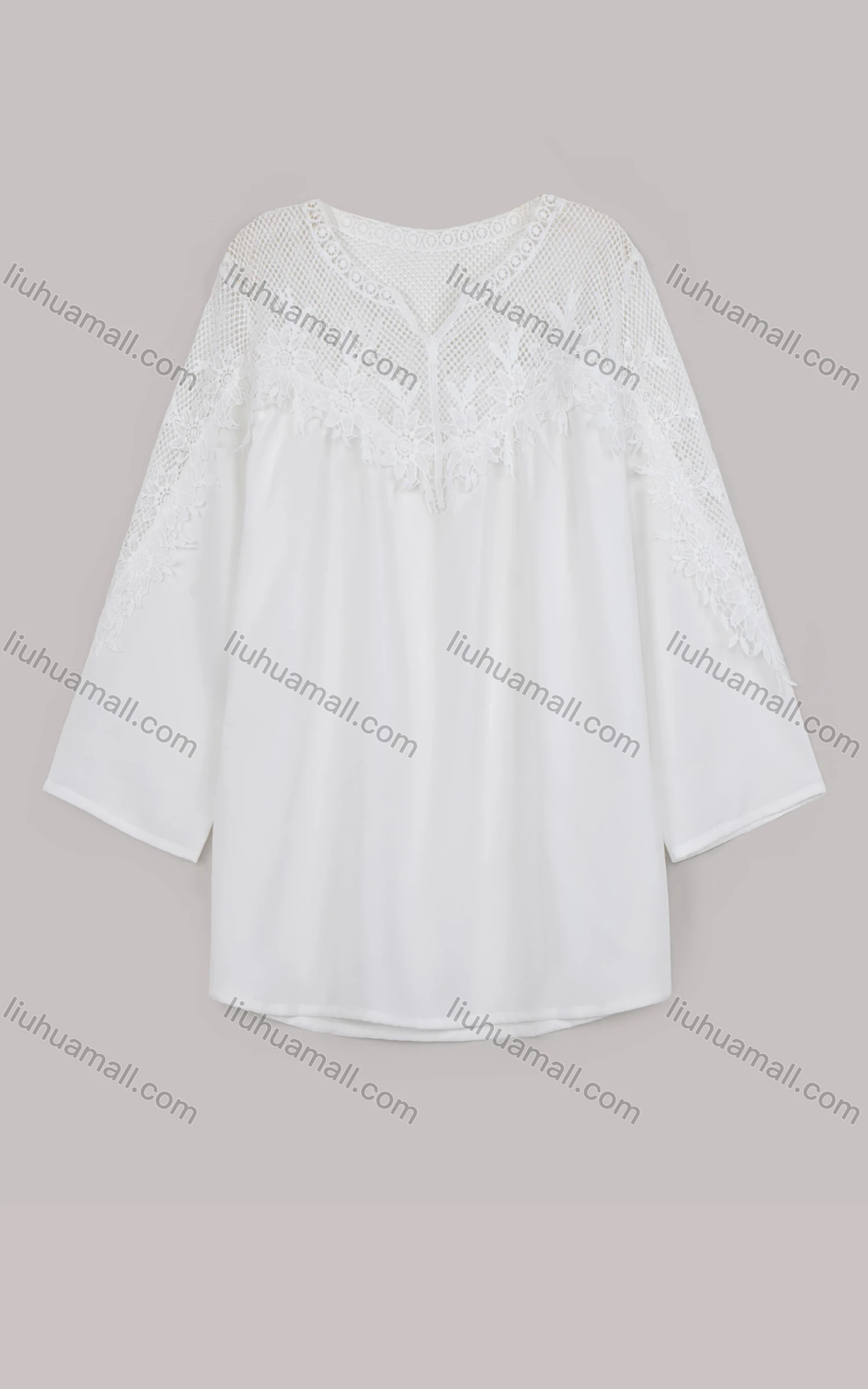 Wholesale Women's Casual Long Sleeve Notched Neck Oversized Lace Blouse - Liuhuamall