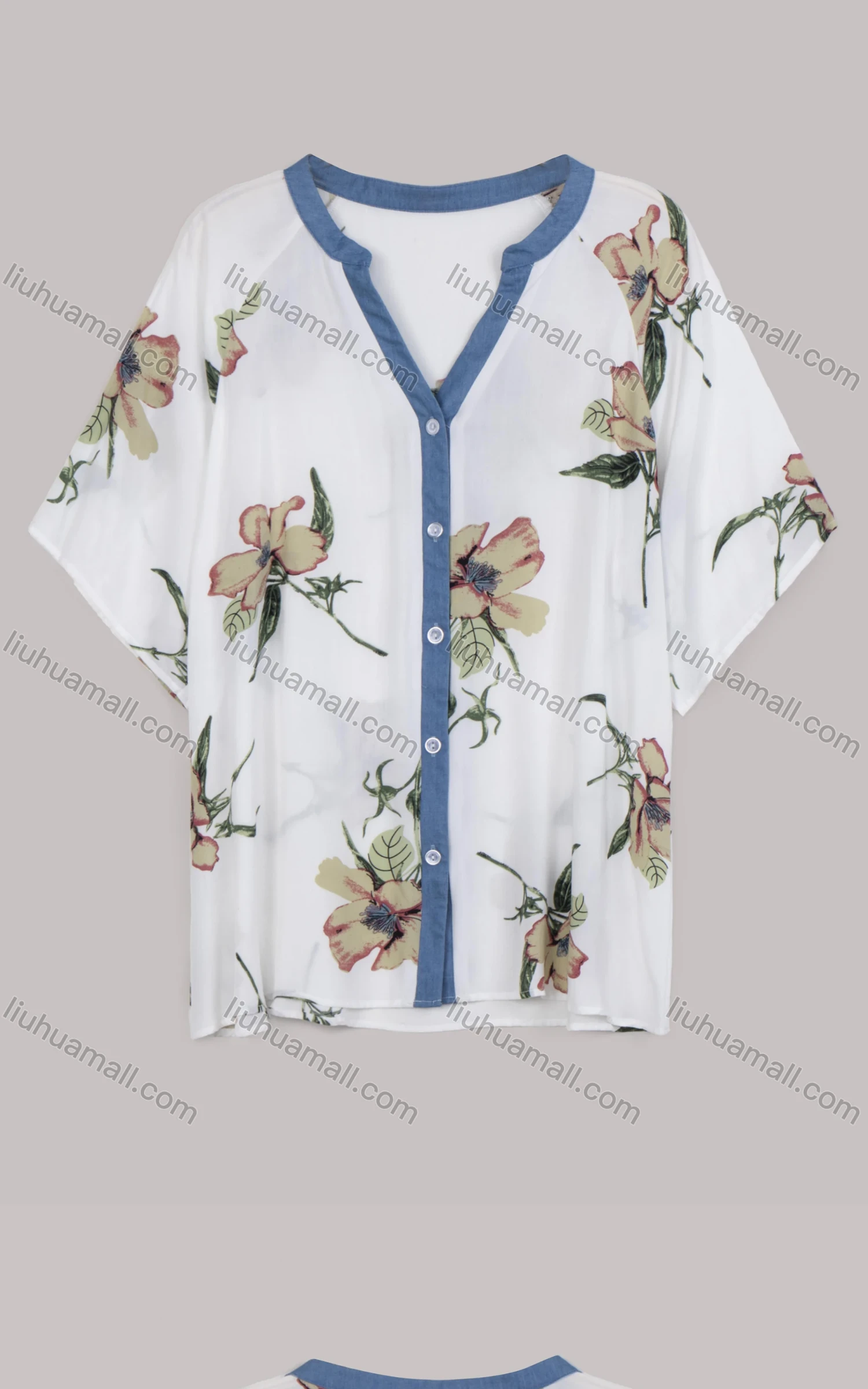 Wholesale Women's Casual Half Sleeve V Neck Floral Print Button Down Oversized Blouse - Liuhuamall
