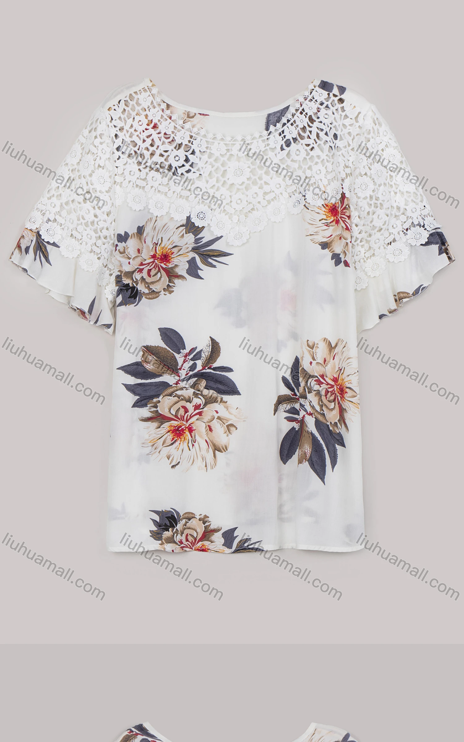 Wholesale Women's Flounce Sleeve Crew Neck Floral Print Lace Blouse - Liuhuamall