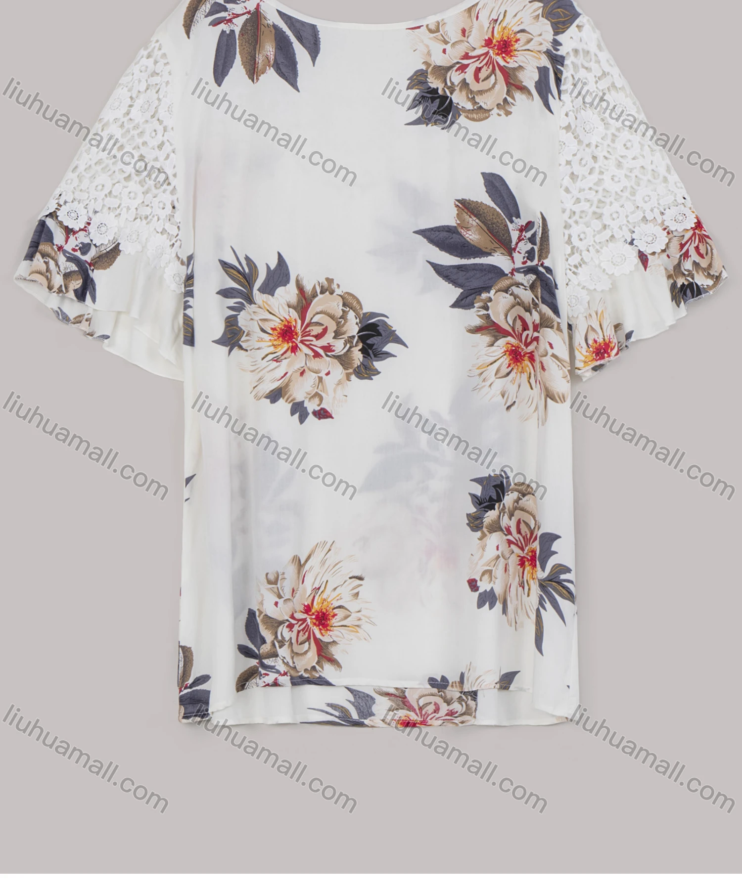Wholesale Women's Flounce Sleeve Crew Neck Floral Print Lace Blouse - Liuhuamall