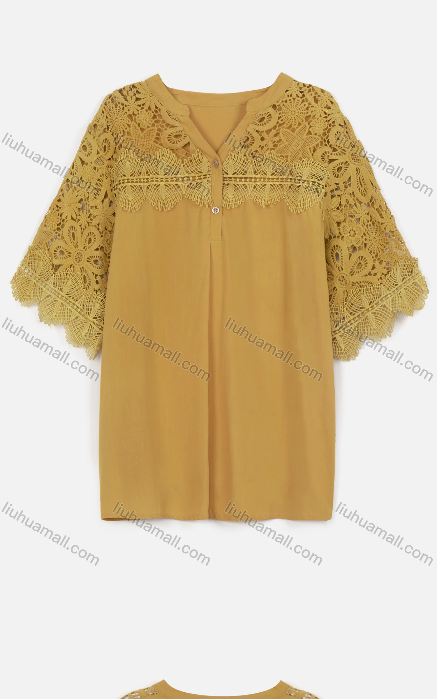 Wholesale Women's Casual Half Sleeve Button Front V-Neck Lace Blouse - Liuhuamall