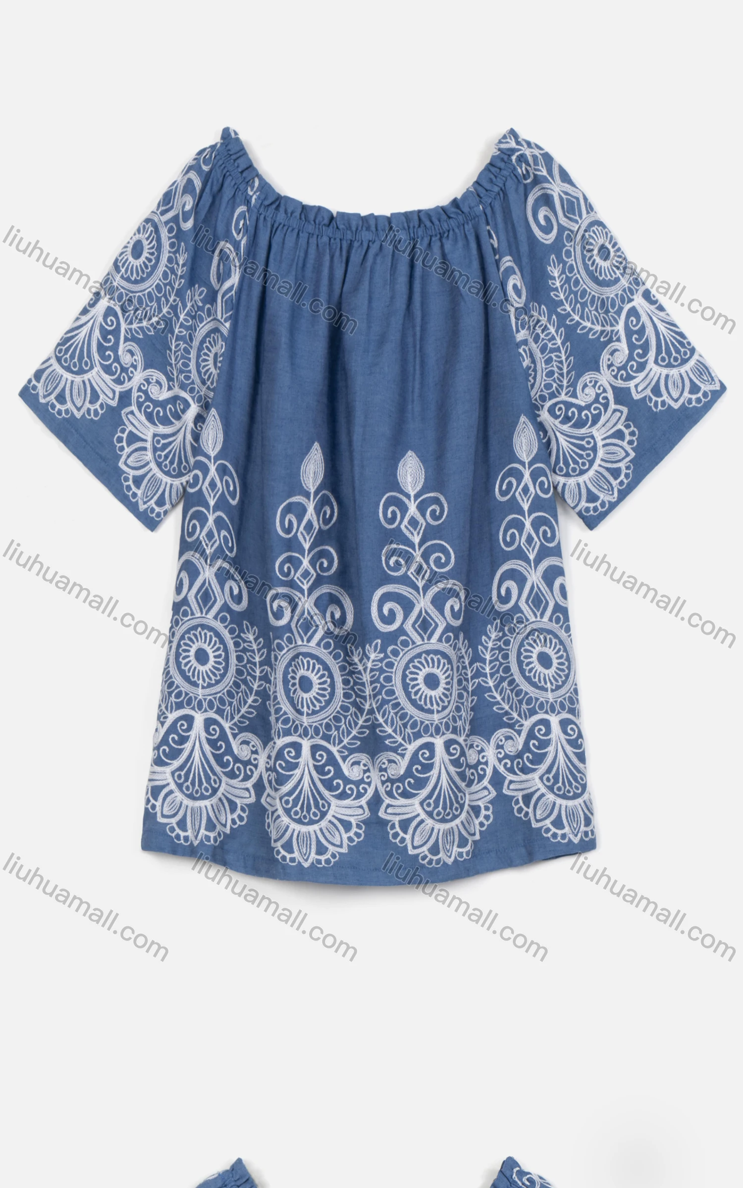 Wholesale Women's Casual Half Sleeve Boat Neck Folk Art Denim Blouse - Liuhuamall