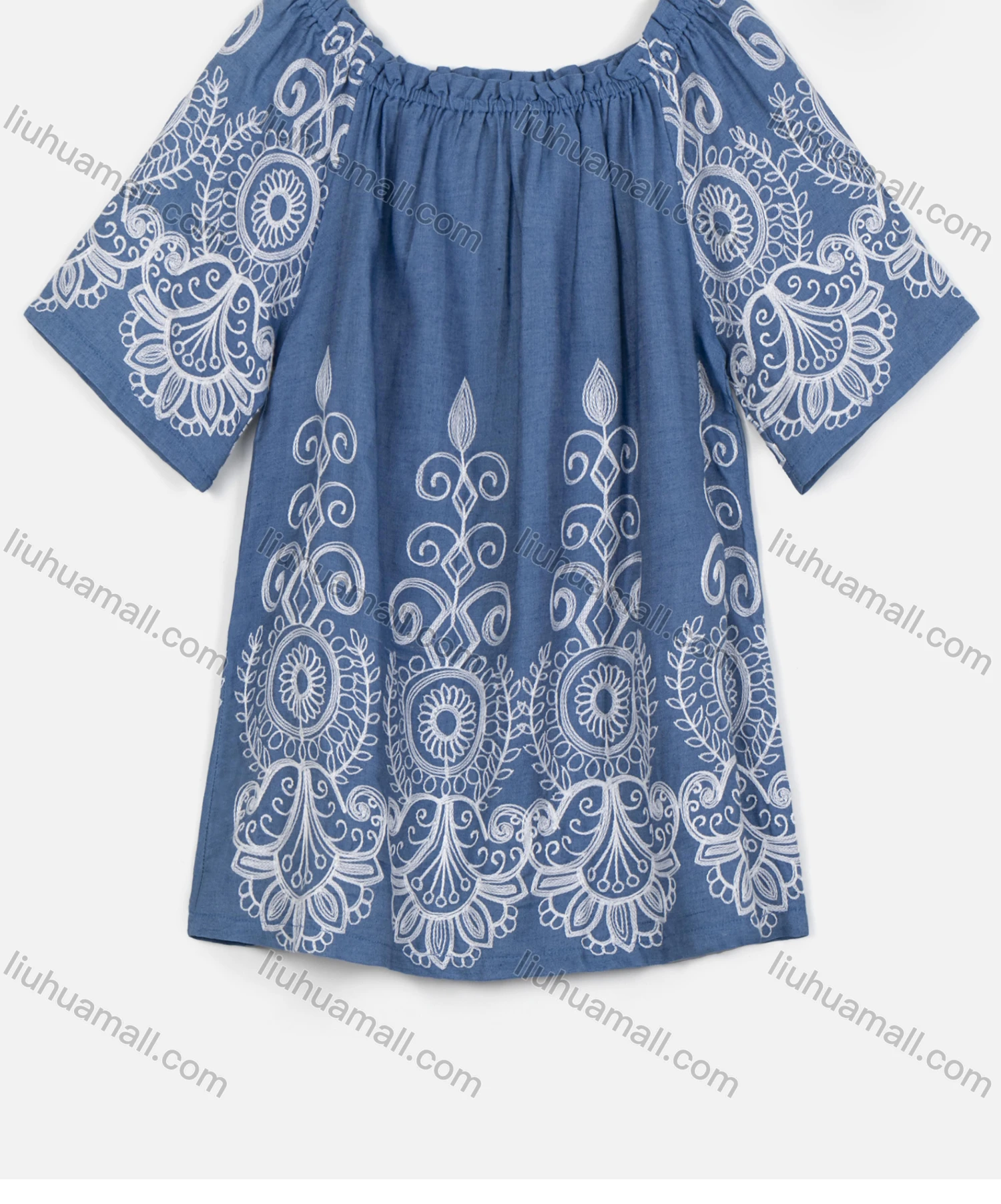 Wholesale Women's Casual Half Sleeve Boat Neck Folk Art Denim Blouse - Liuhuamall