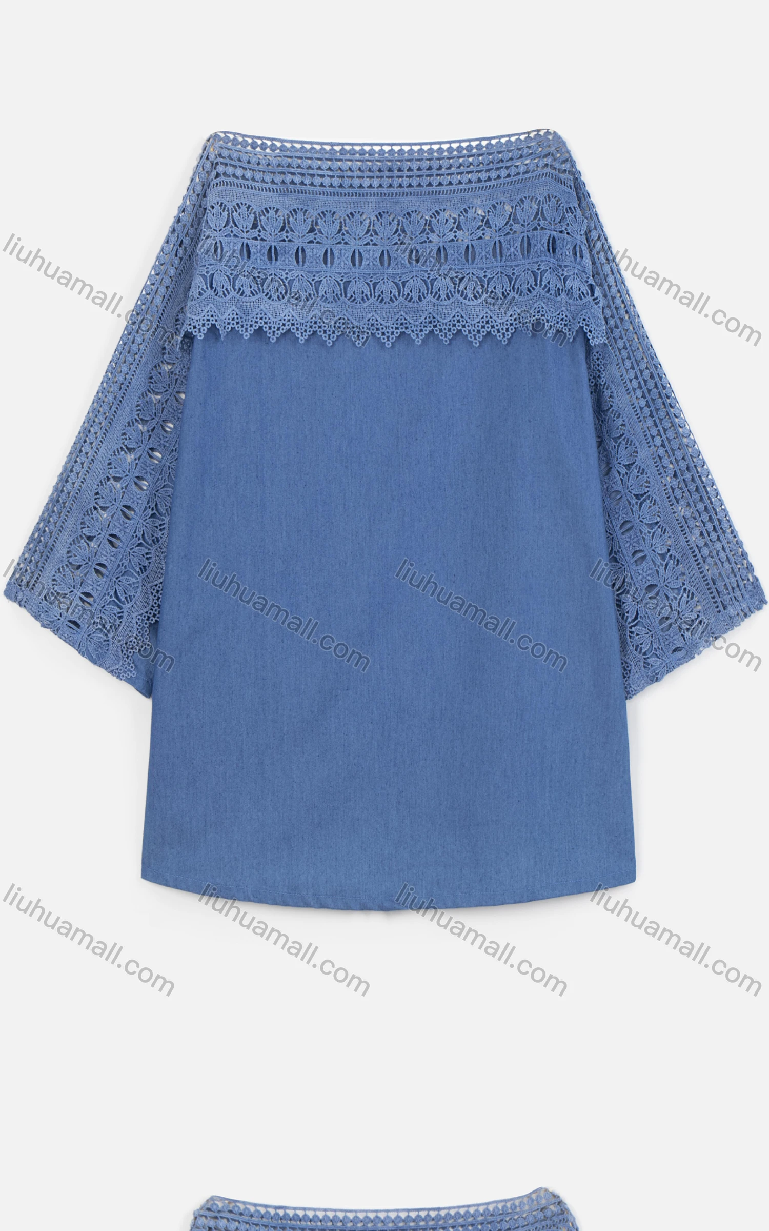 Wholesale Women's Casual Plain 3/4 Sleeve Boat Neck Lace Denim Blouse - Liuhuamall