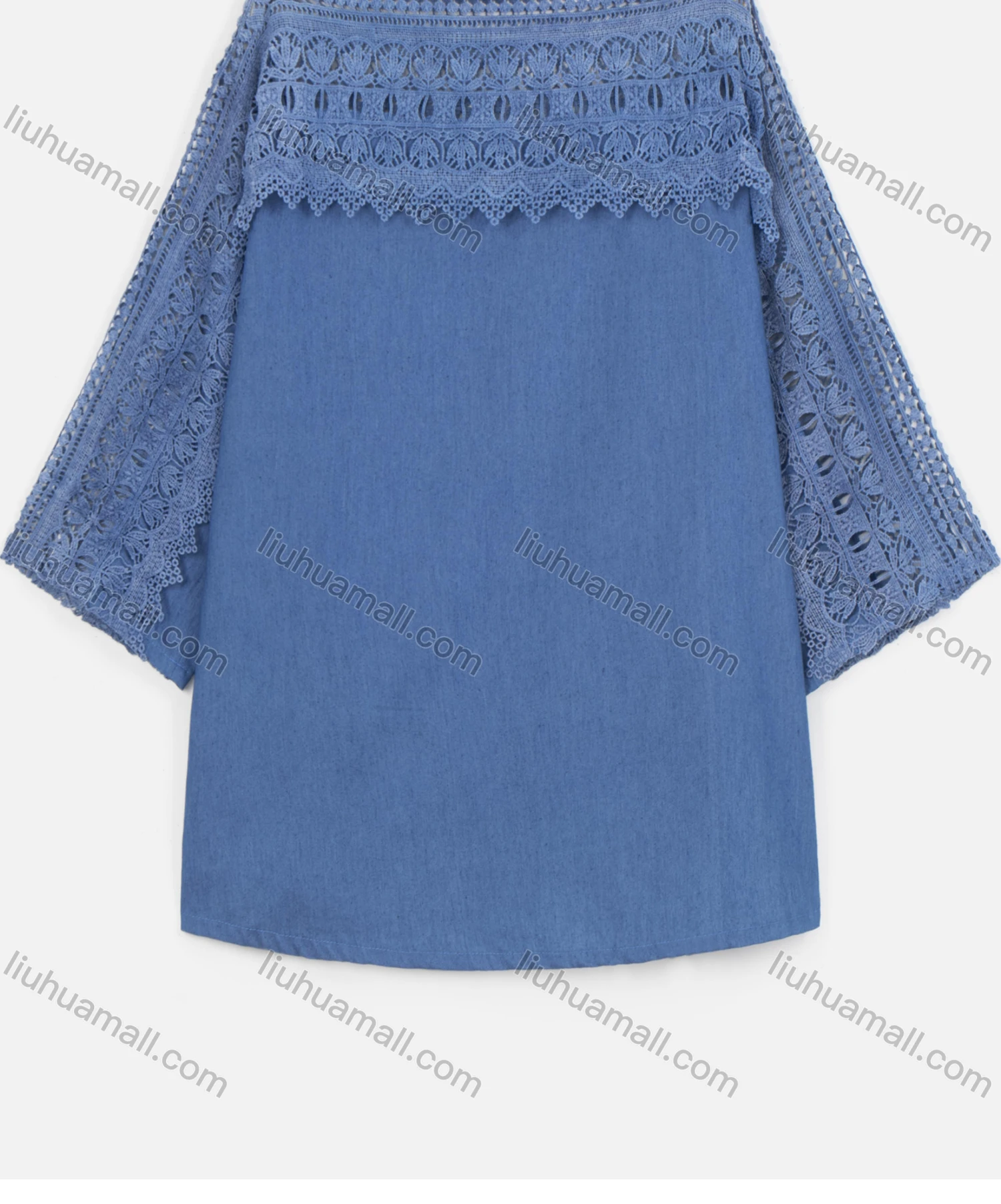 Wholesale Women's Casual Plain 3/4 Sleeve Boat Neck Lace Denim Blouse - Liuhuamall