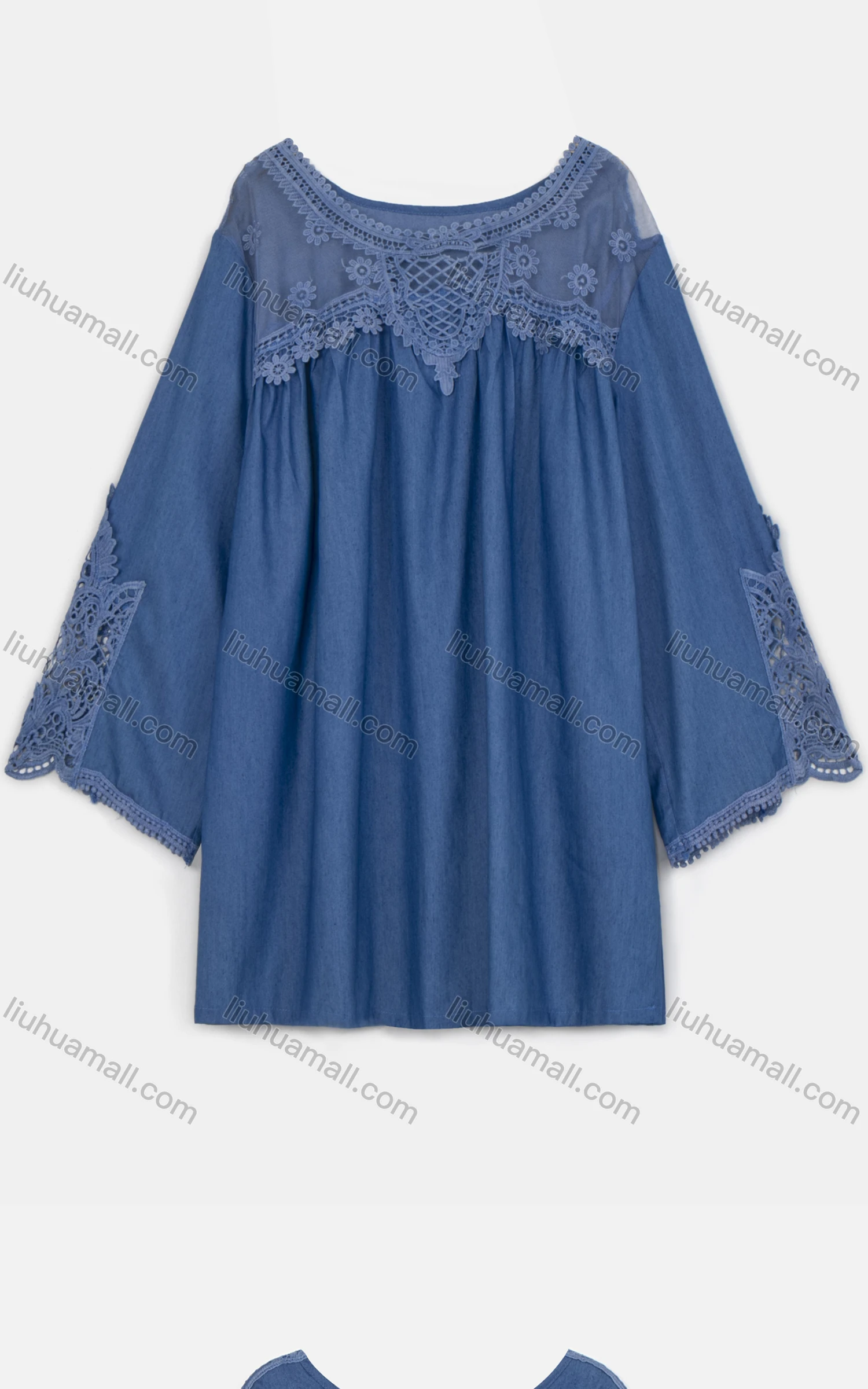 Wholesale Women's Casual Long Sleeve Round Neck Lace Denim Blouse - Liuhuamall