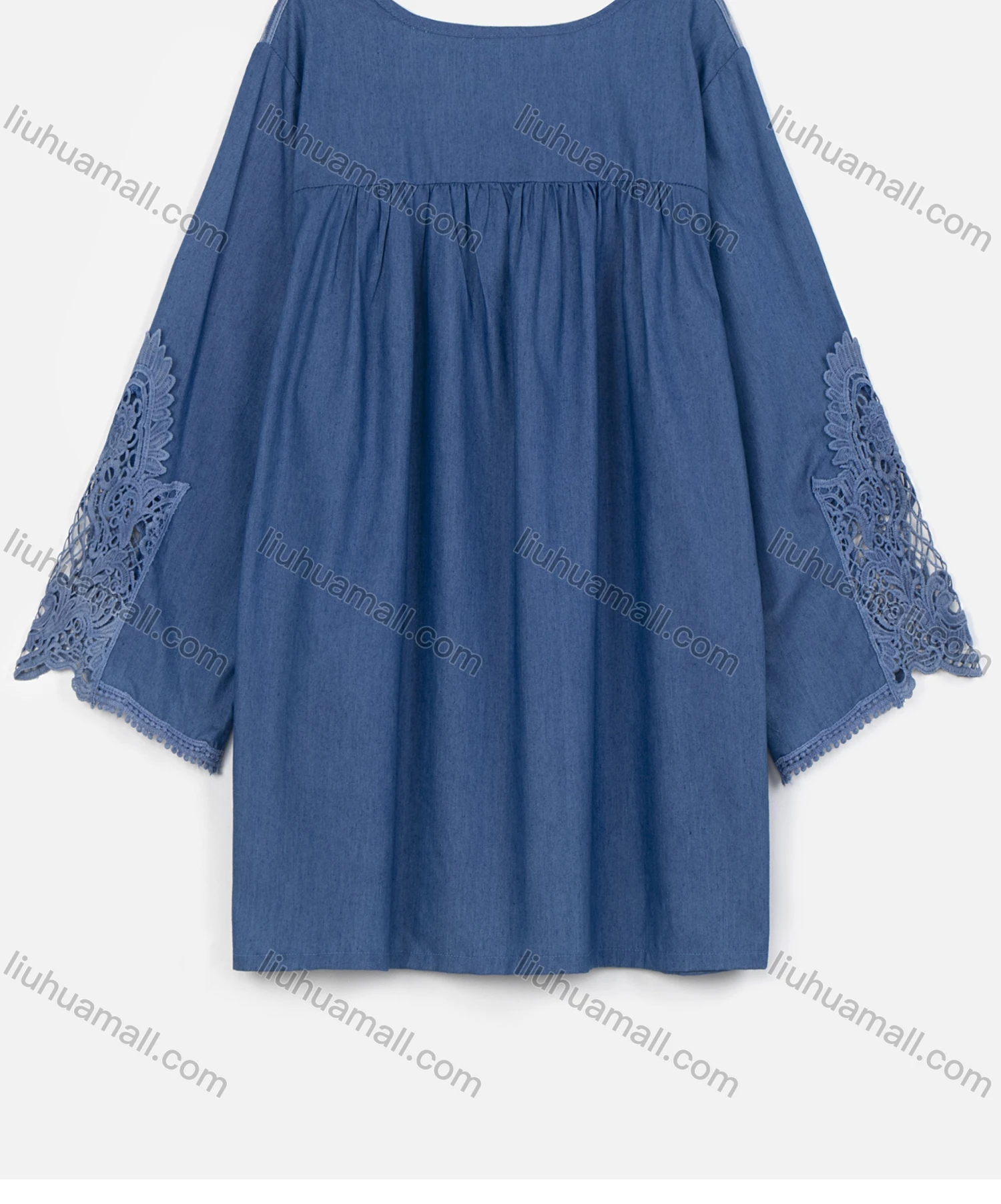 Wholesale Women's Casual Long Sleeve Round Neck Lace Denim Blouse - Liuhuamall