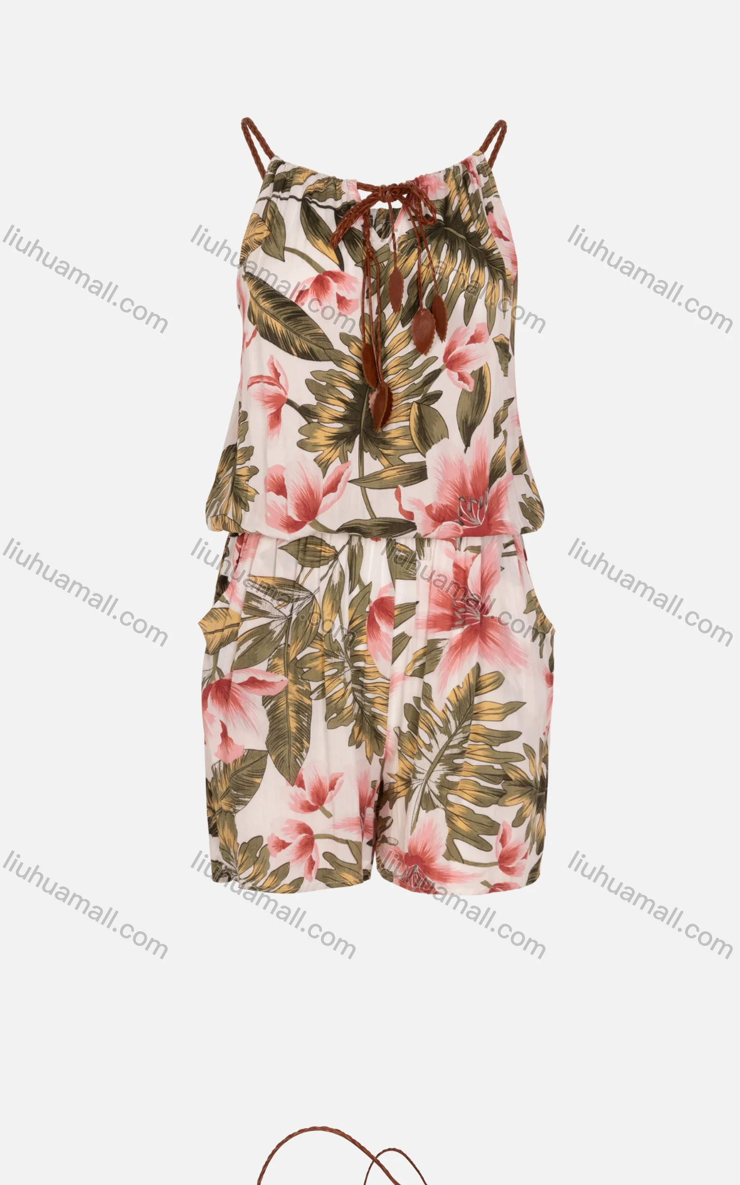 Wholesale Women's Sleeveless Spaghetti Strap Keyhole Neck Floral Print Romper - Liuhuamall