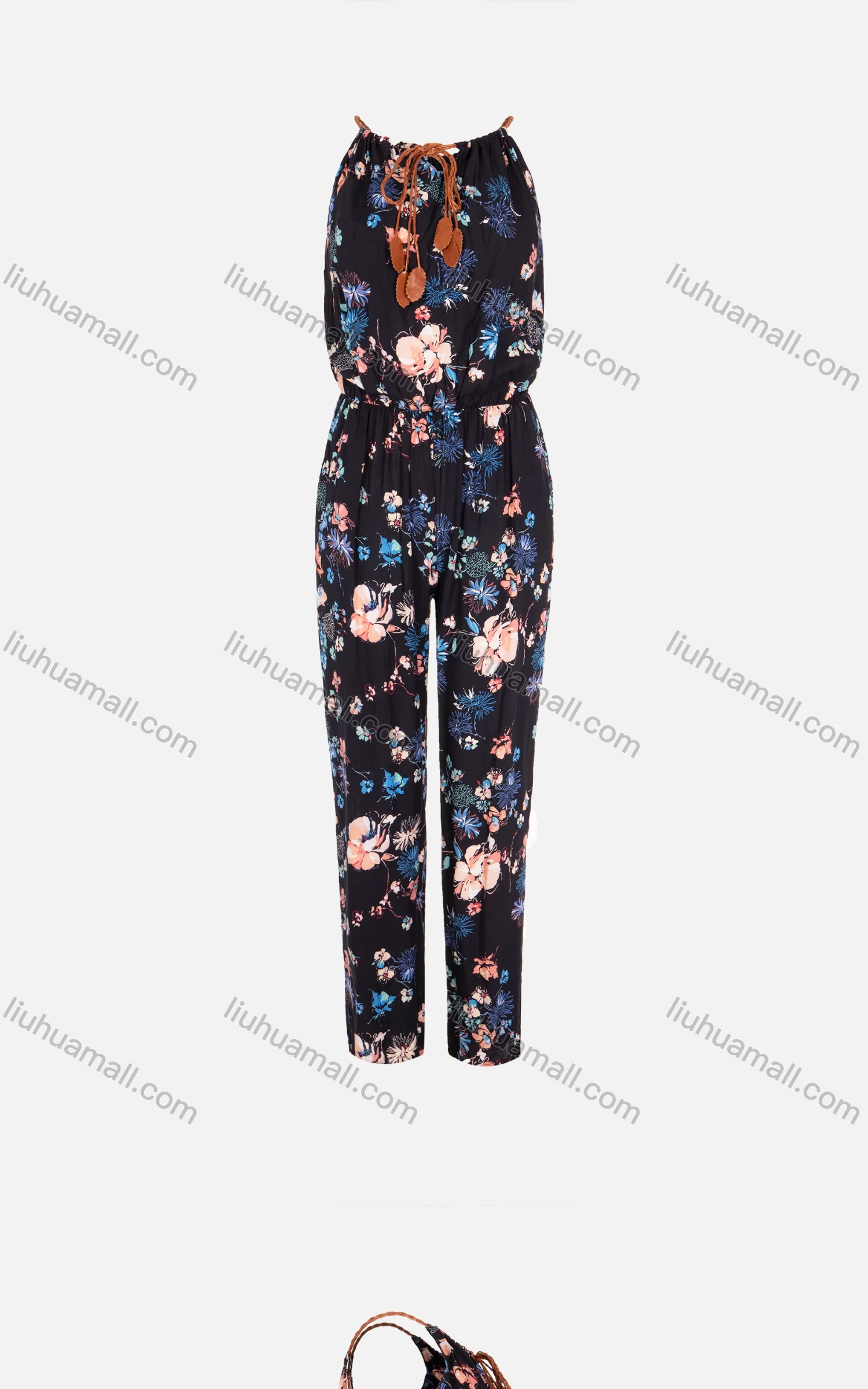 Wholesale Women's Sleeveless Boat Neck Tie Front Allover Floral Print Jumpsuit - Liuhuamall