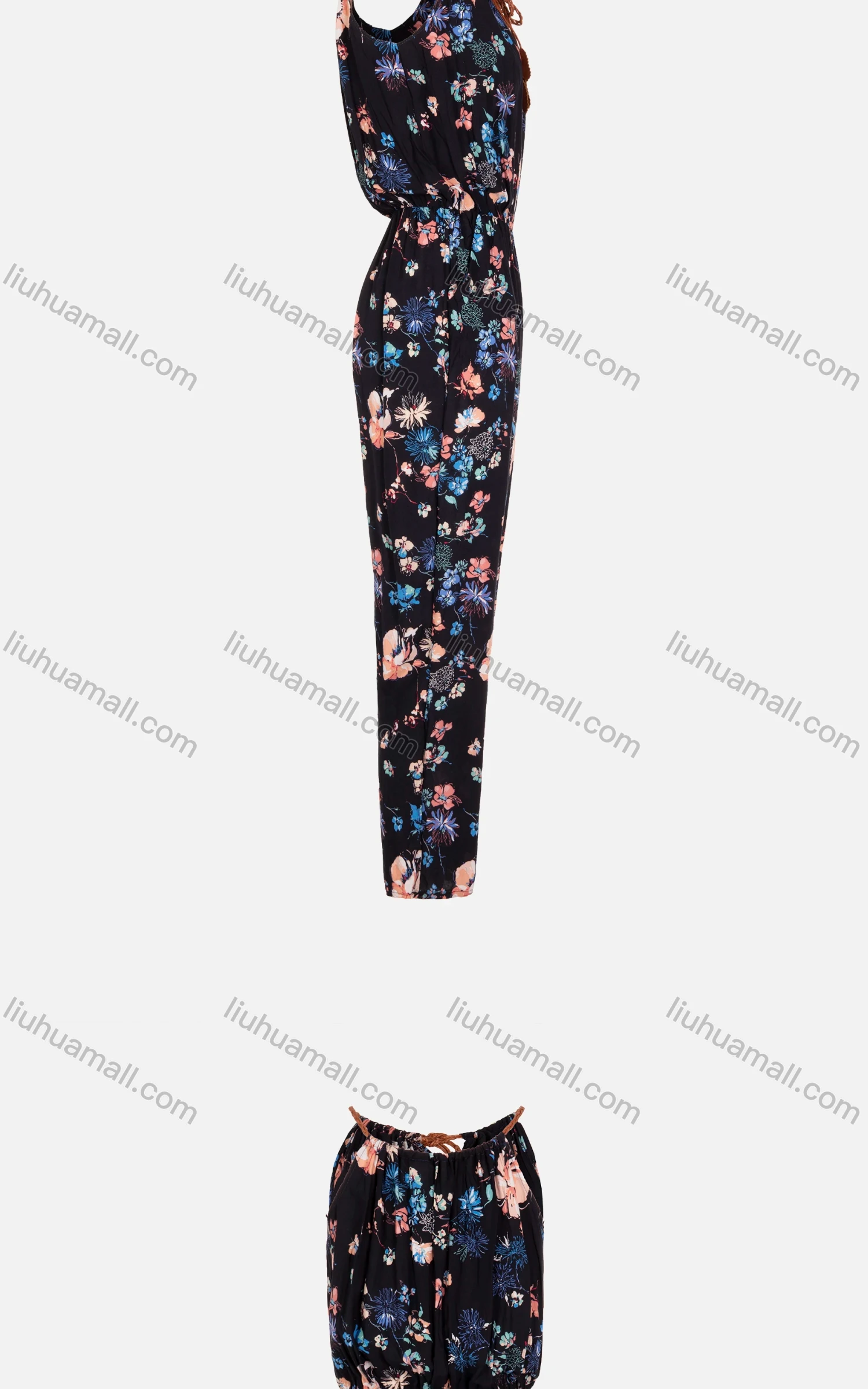 Wholesale Women's Sleeveless Boat Neck Tie Front Allover Floral Print Jumpsuit - Liuhuamall