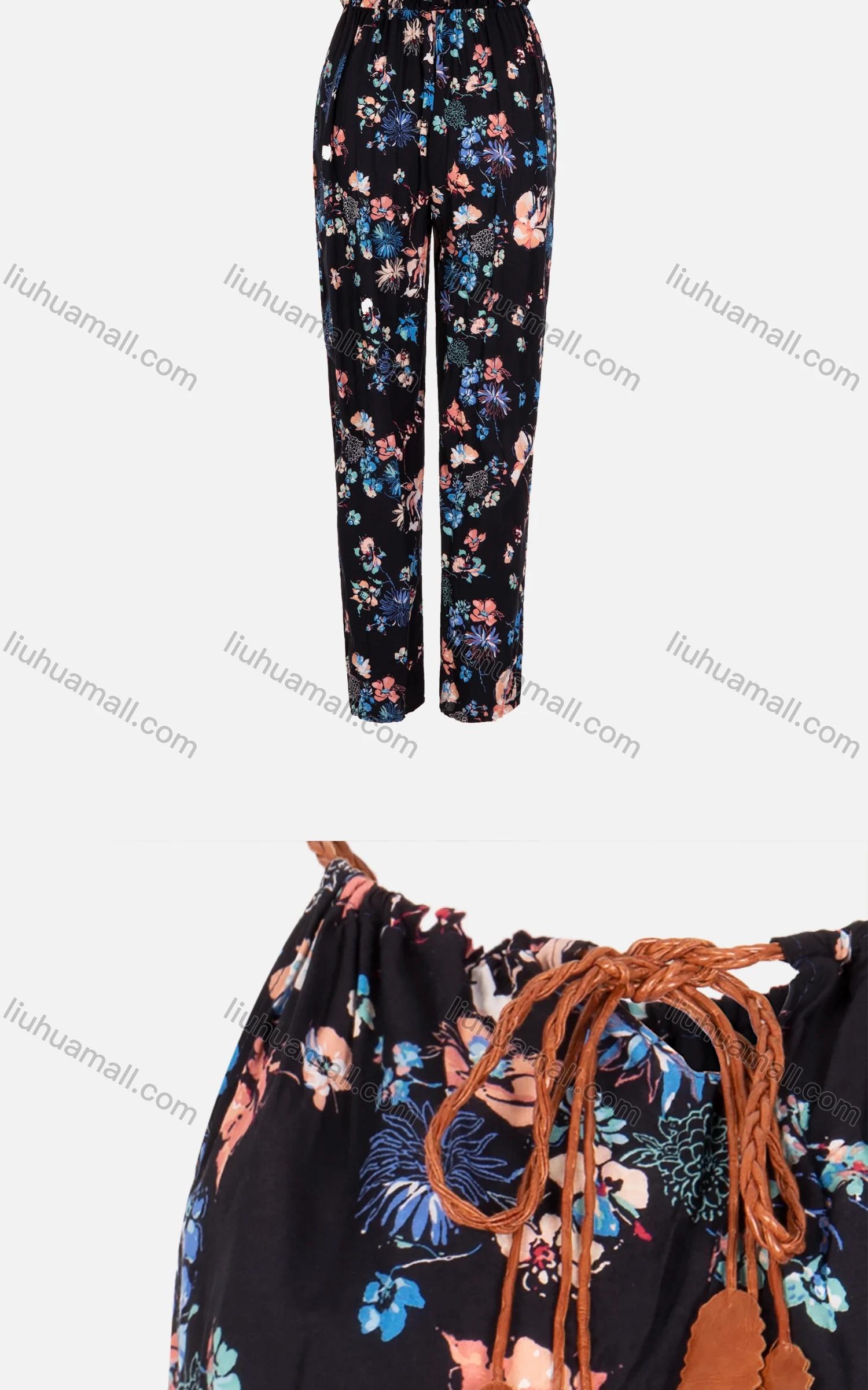 Wholesale Women's Sleeveless Boat Neck Tie Front Allover Floral Print Jumpsuit - Liuhuamall