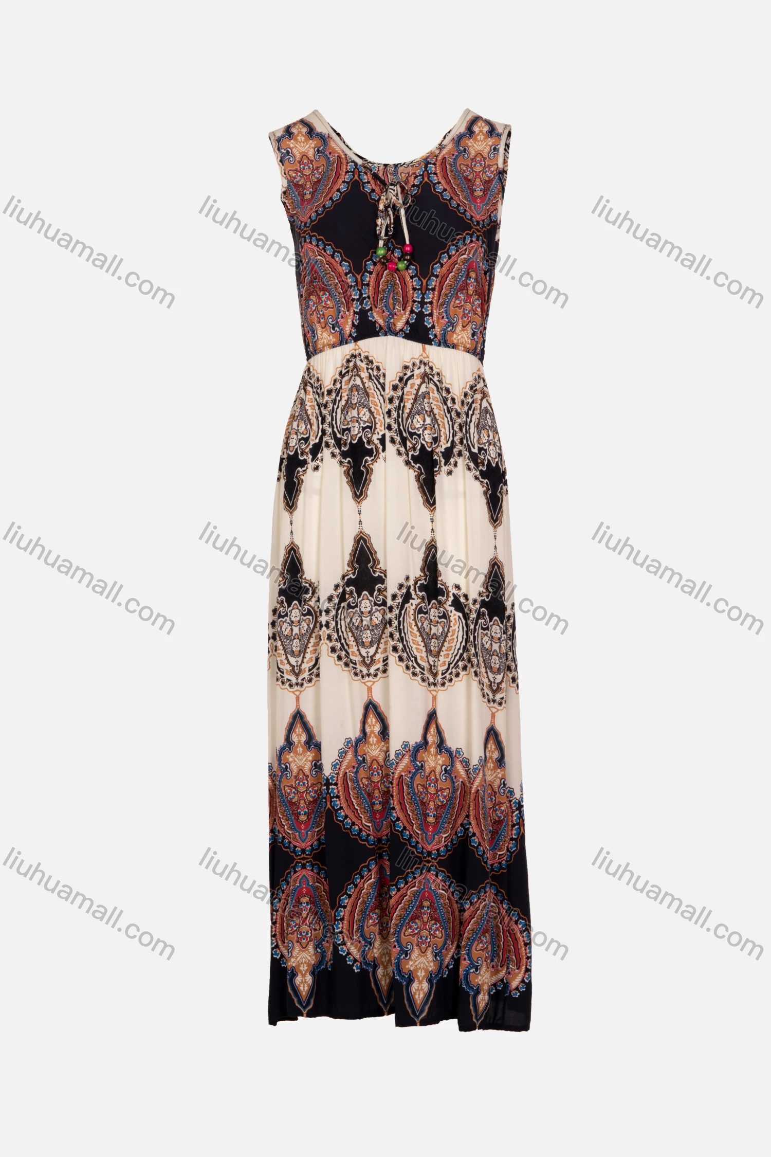 Wholesale Women's Sleeveless Round Neck Allover Vintage Print Maxi Tank Dress - Liuhuamall