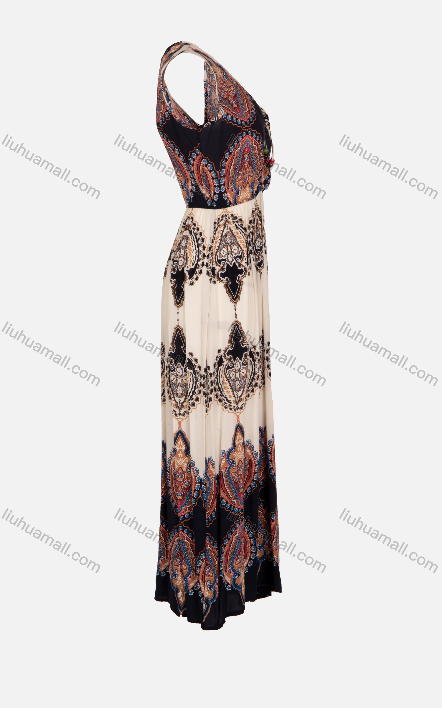 Wholesale Women's Sleeveless Round Neck Allover Vintage Print Maxi Tank Dress - Liuhuamall