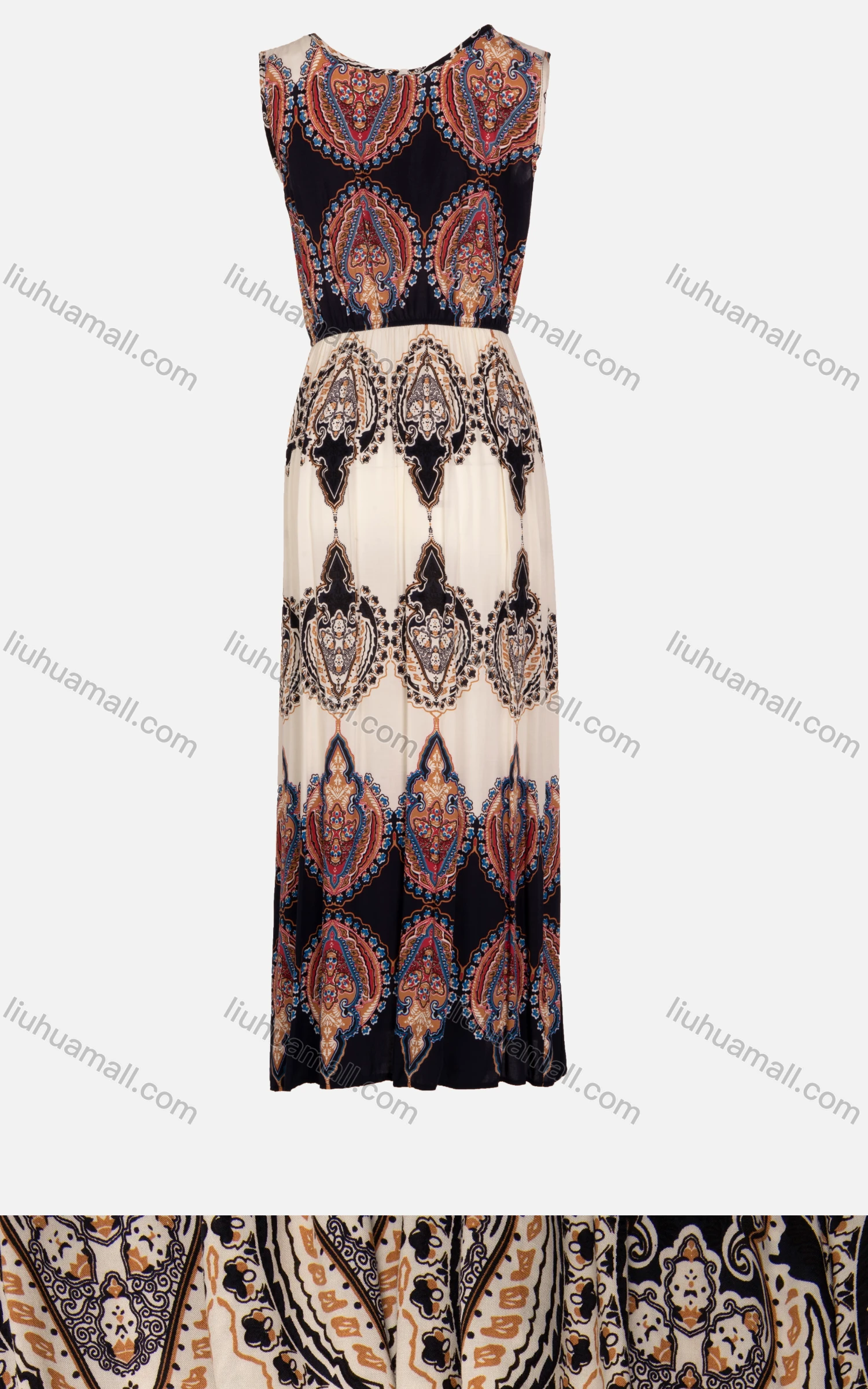 Wholesale Women's Sleeveless Round Neck Allover Vintage Print Maxi Tank Dress - Liuhuamall