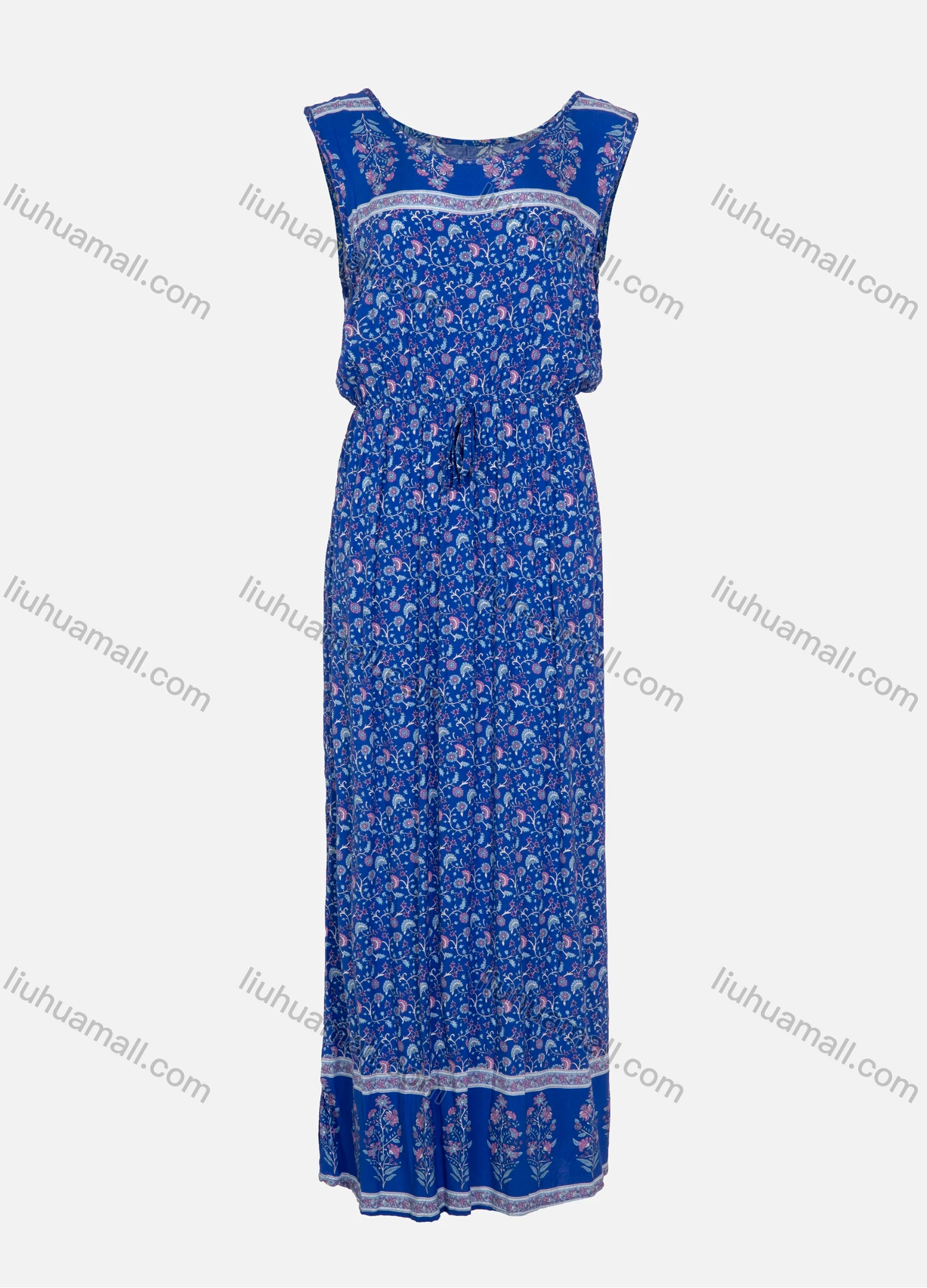 Wholesale Women's Vintage Sleeveless Round Neck Allover Print Drawstring Pleated Maxi Dress - Liuhuamall