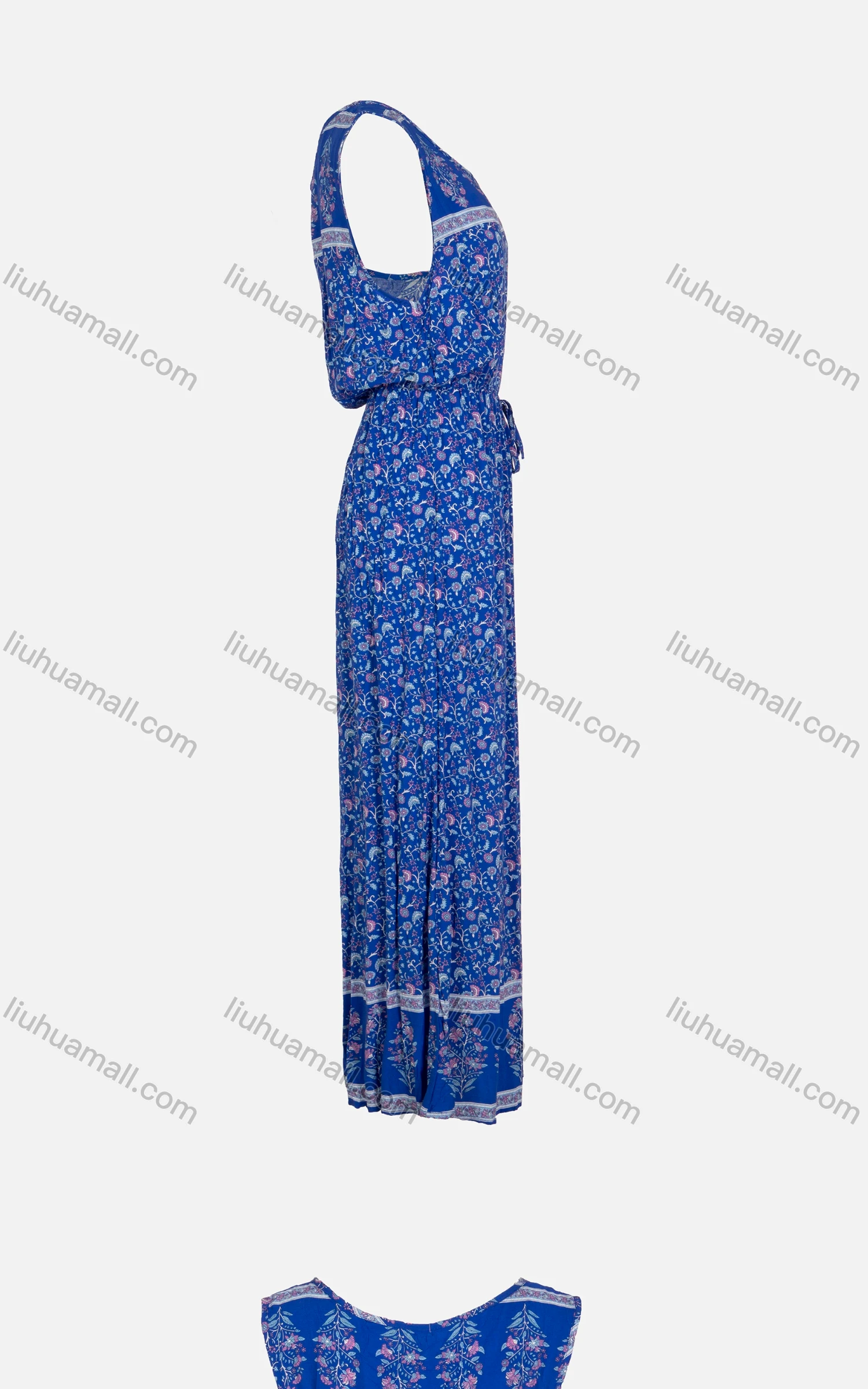 Wholesale Women's Vintage Sleeveless Round Neck Allover Print Drawstring Pleated Maxi Dress - Liuhuamall