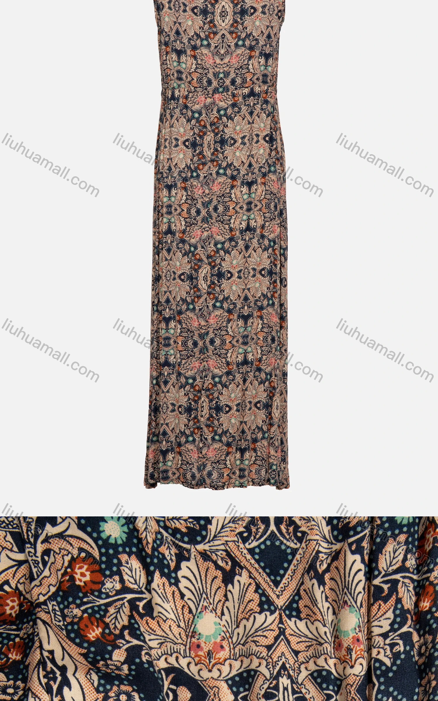 Wholesale Women's Casual Sleeveless Keyhole Neck Vintage Print Pleated Maxi Tank Dress - Liuhuamall