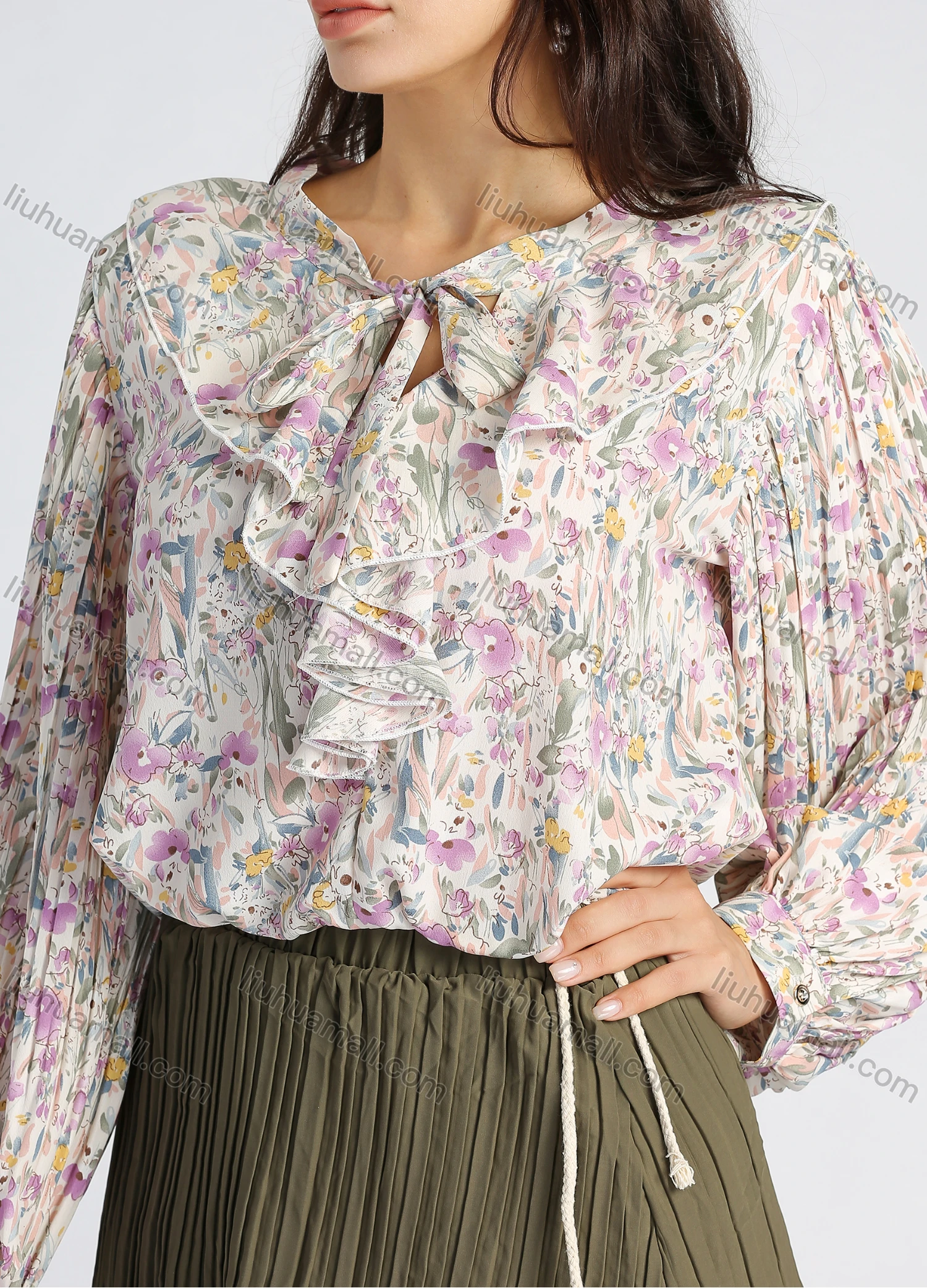Wholesale Women's Chiffon Allover Floral Print Lantern Sleeve Tie Neck Ruffle Trim Blouse - Liuhuamall