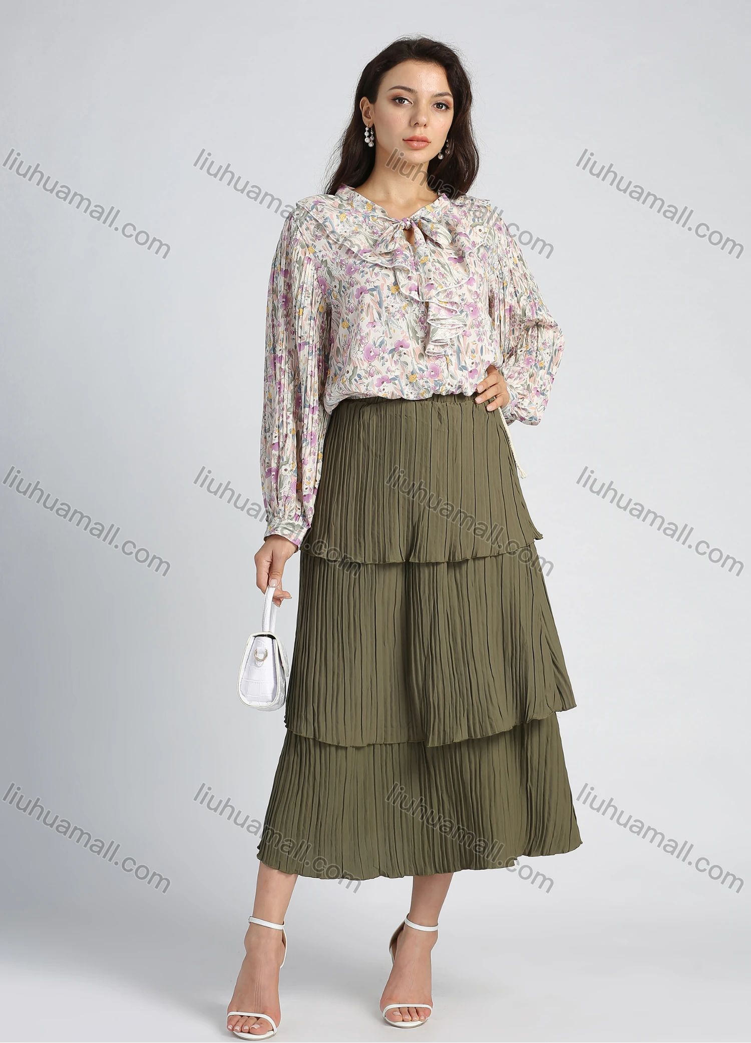 Wholesale Women's Chiffon Allover Floral Print Lantern Sleeve Tie Neck Ruffle Trim Blouse - Liuhuamall