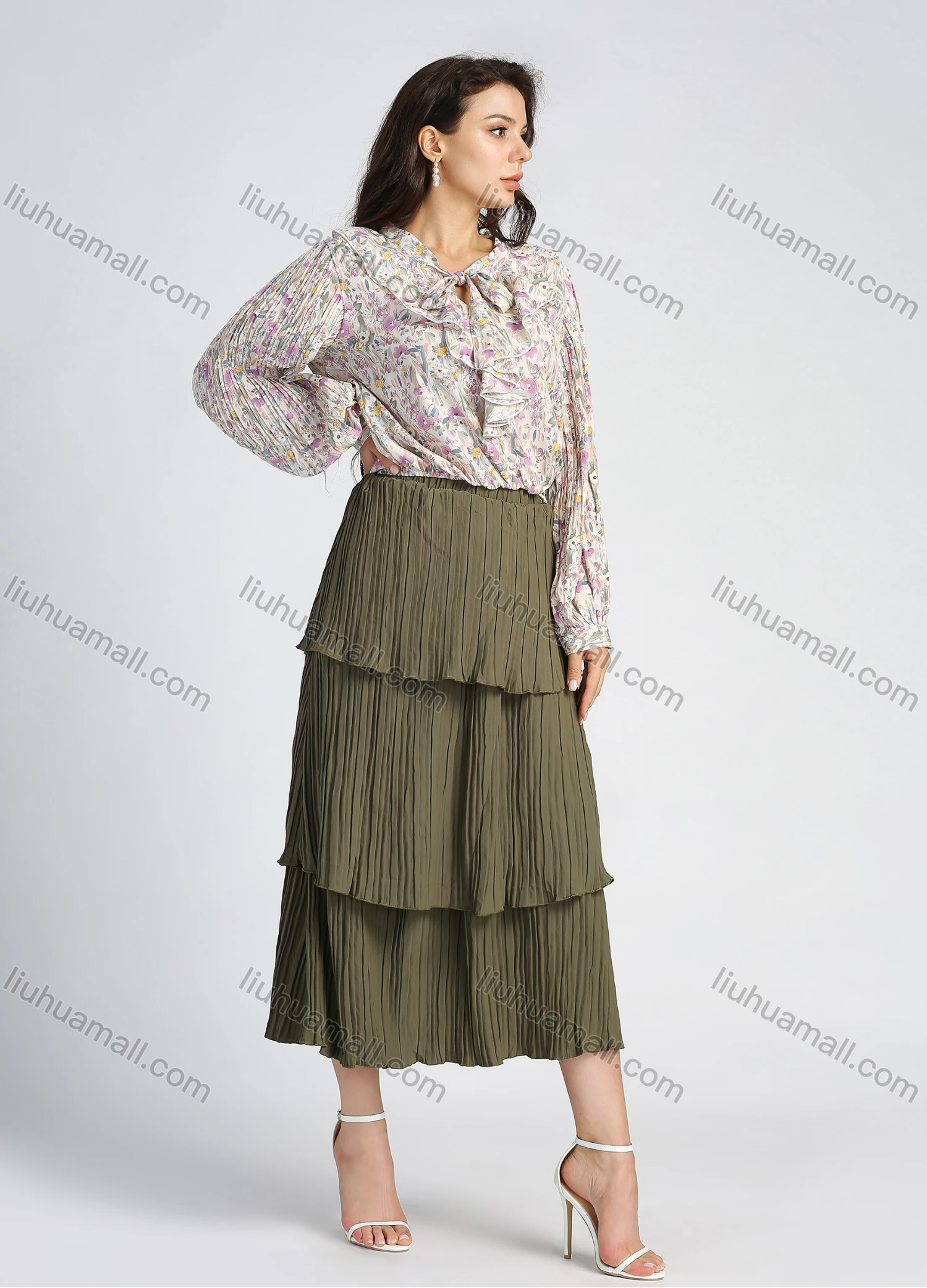Wholesale Women's Chiffon Allover Floral Print Lantern Sleeve Tie Neck Ruffle Trim Blouse - Liuhuamall