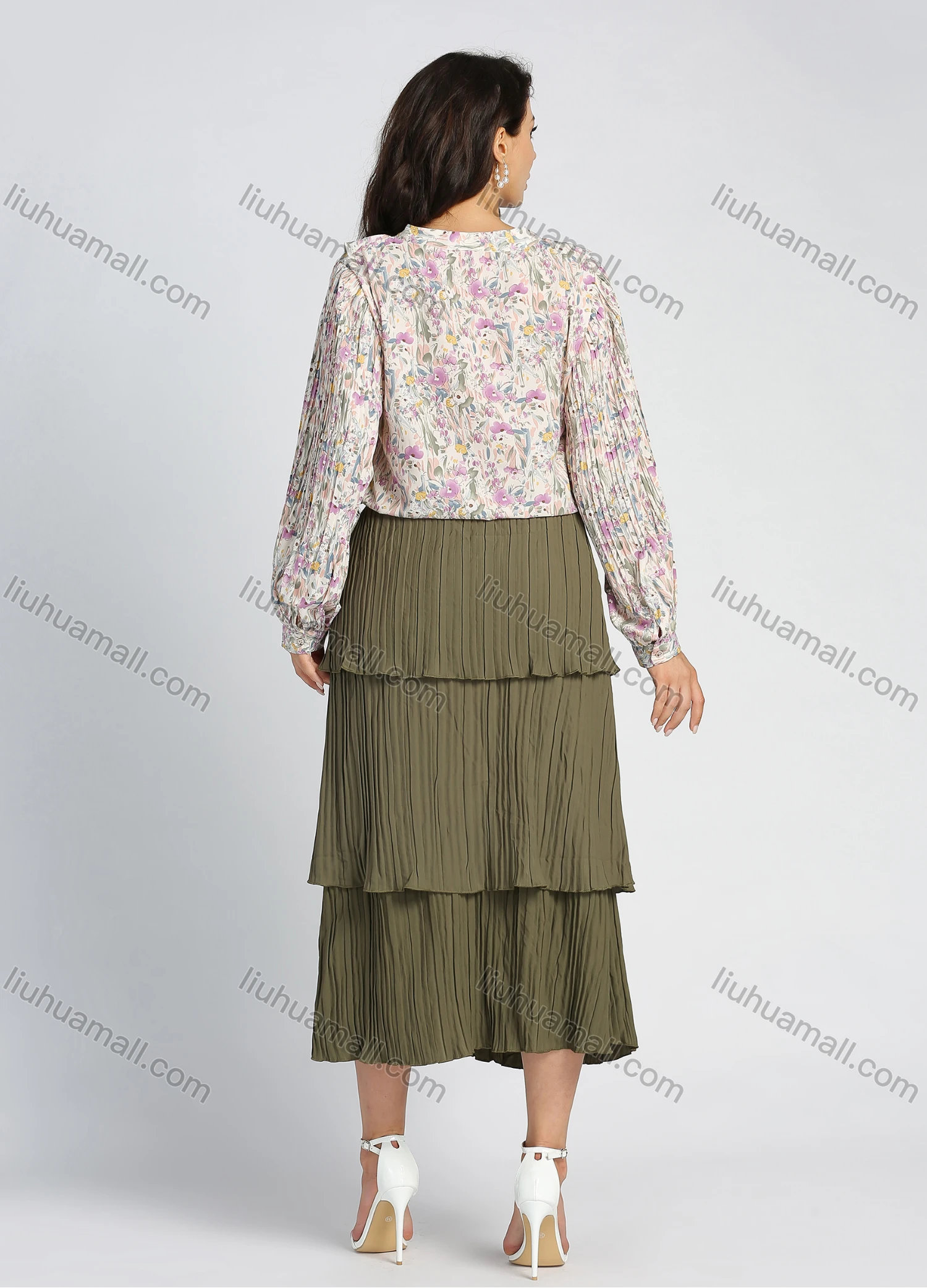 Wholesale Women's Chiffon Allover Floral Print Lantern Sleeve Tie Neck Ruffle Trim Blouse - Liuhuamall