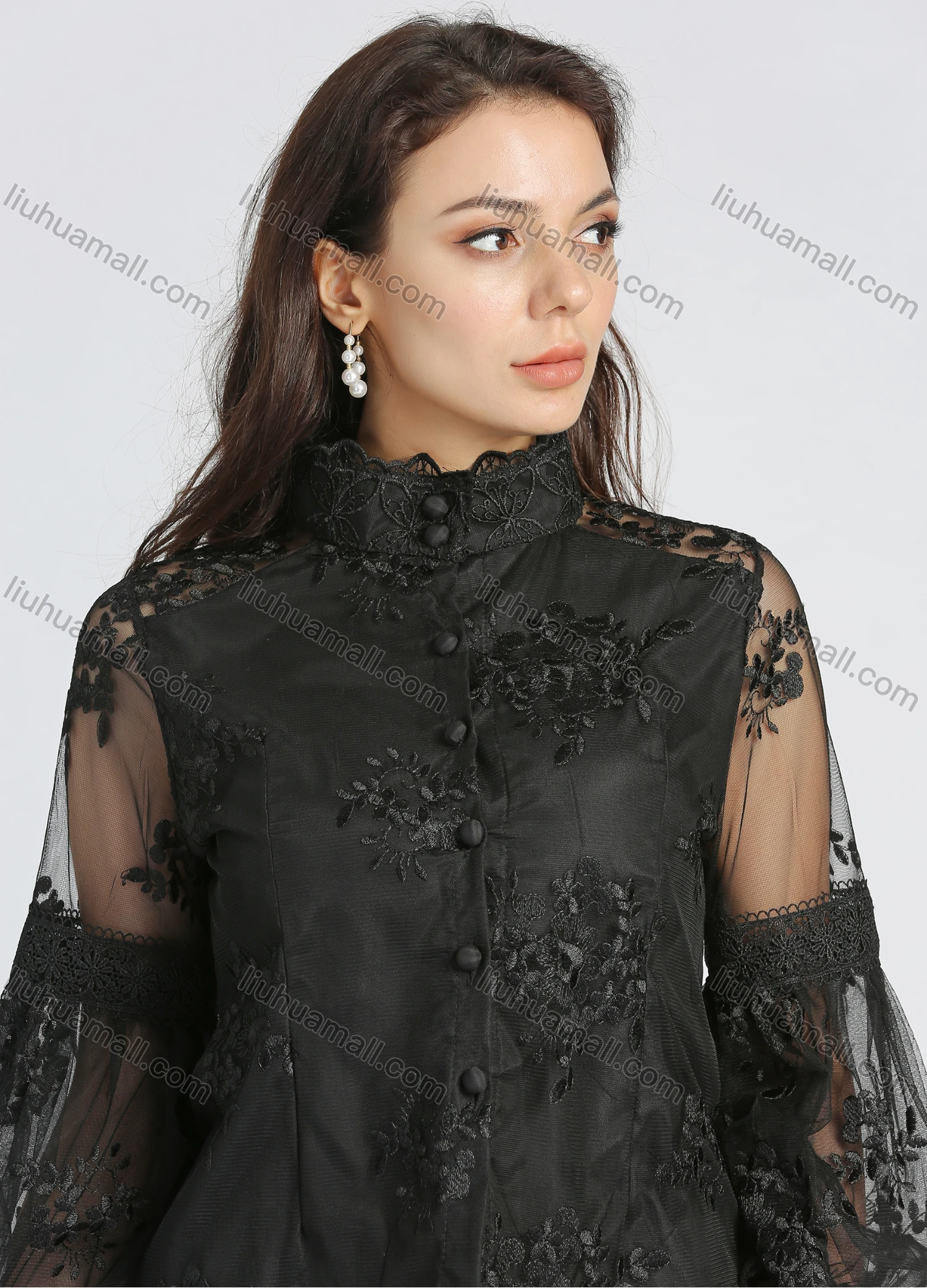 Wholesale Women's Fashion Stand Collar Plain Embroidery Lace Semi-sheer Lantern Sleeve Blouse - Liuhuamall