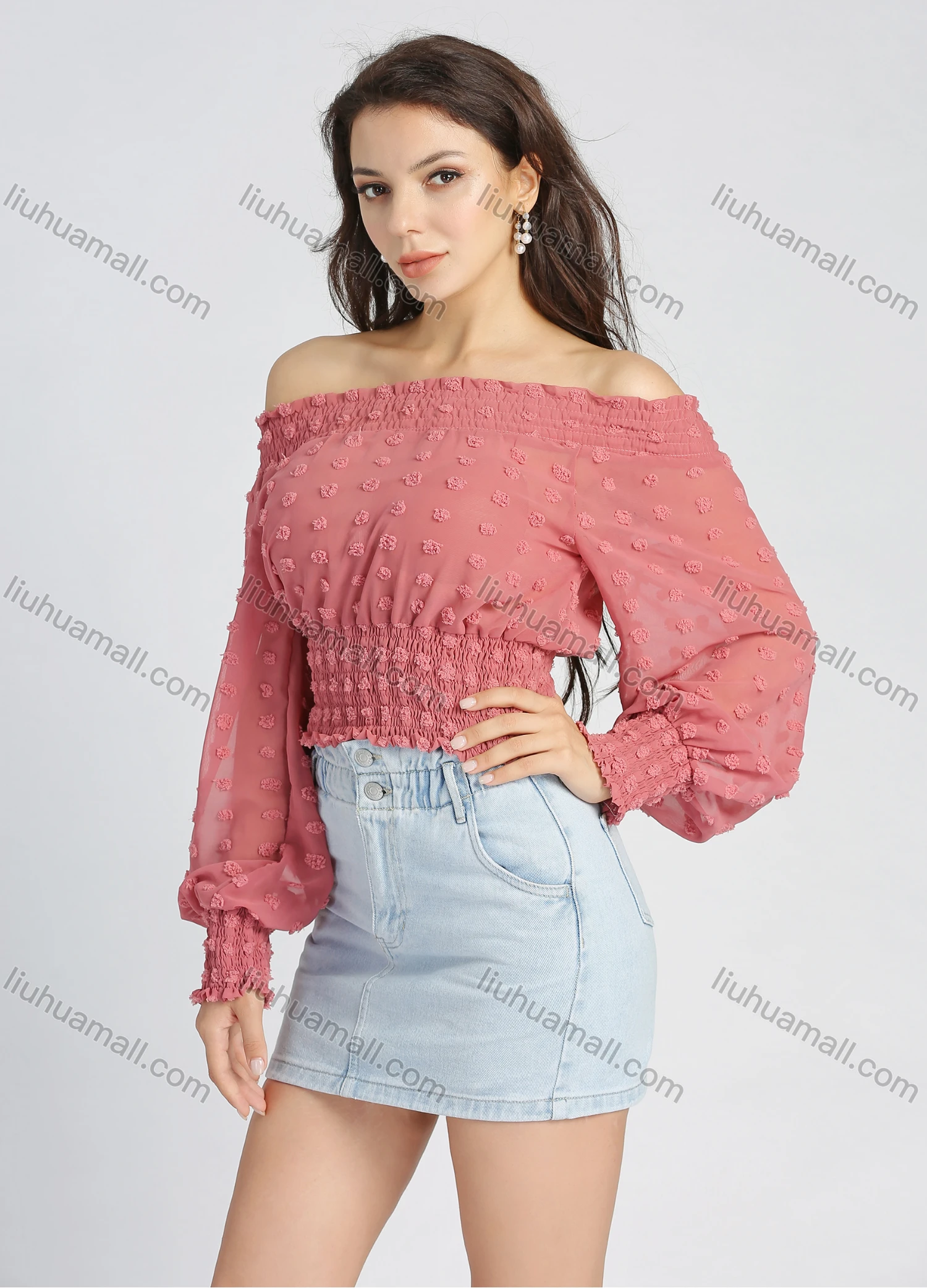 Wholesale Women's Chiffon Off Shoulder Plain Lantern Sleeve Shirred Swiss Dot Crop Blouse - Liuhuamall