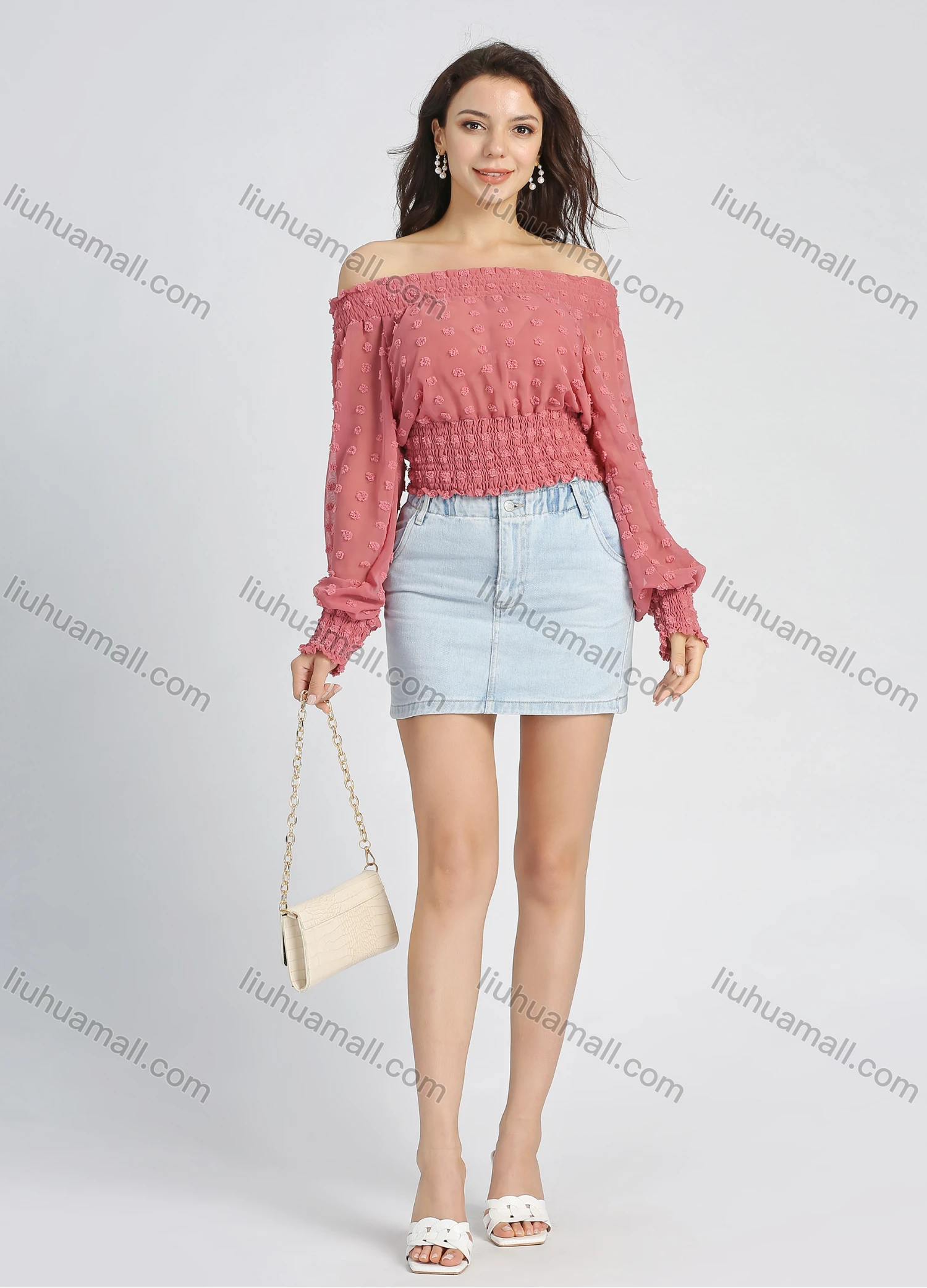 Wholesale Women's Chiffon Off Shoulder Plain Lantern Sleeve Shirred Swiss Dot Crop Blouse - Liuhuamall