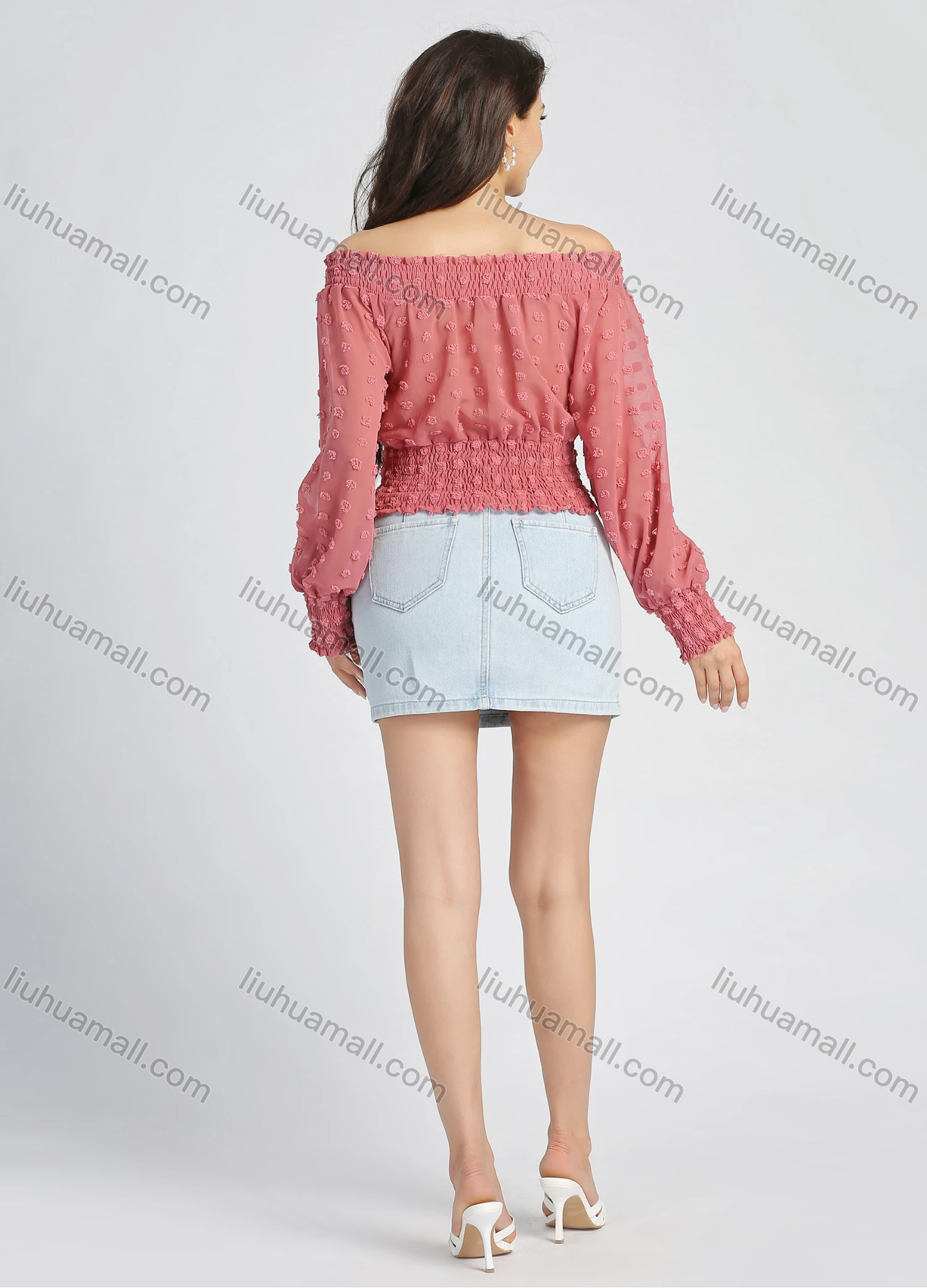 Wholesale Women's Chiffon Off Shoulder Plain Lantern Sleeve Shirred Swiss Dot Crop Blouse - Liuhuamall