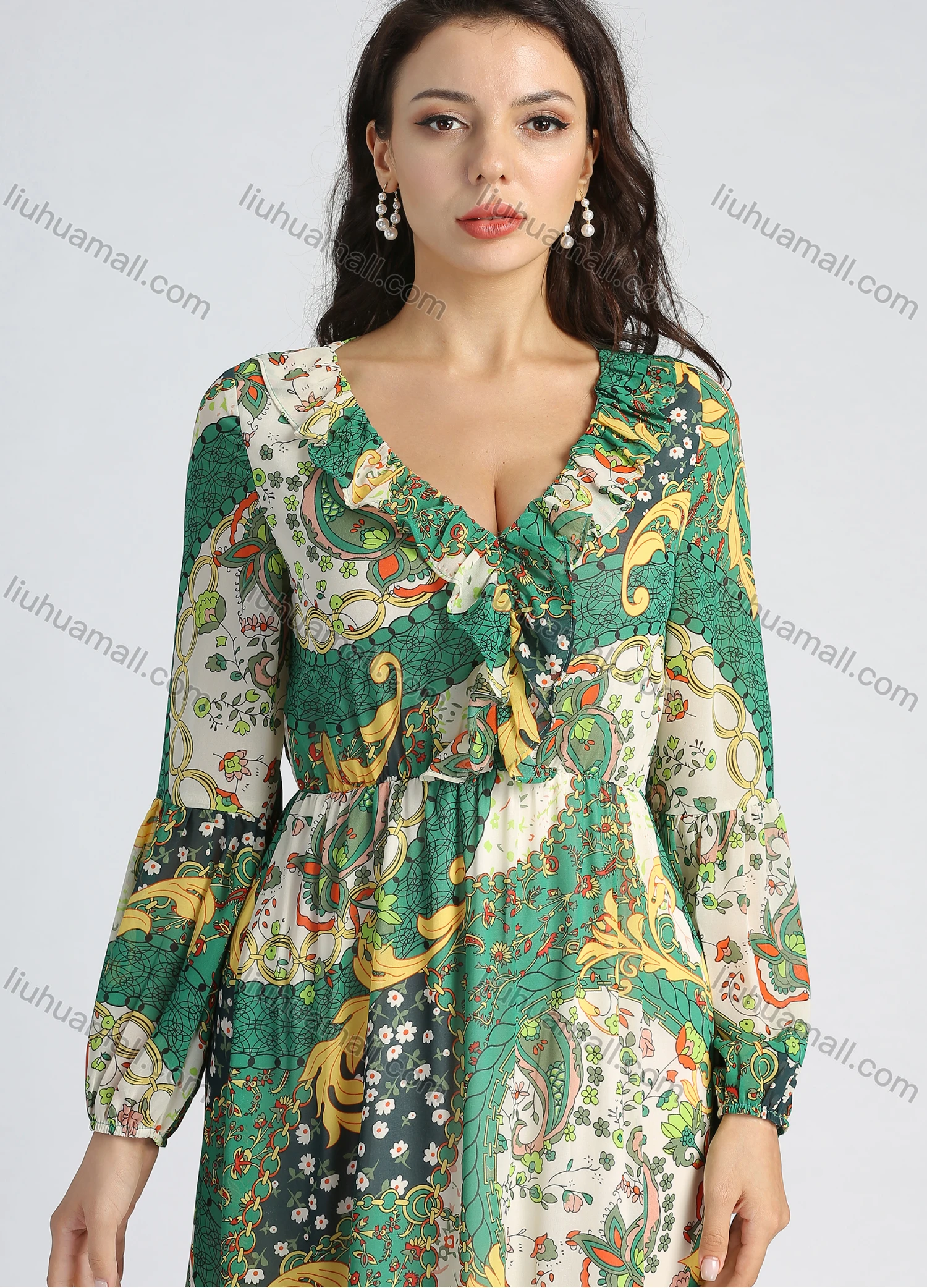 Wholesale Women's Chiffon V Neck Allover Paisley Print Ruffle Trim High Waist Long Sleeve Midi Dress - Liuhuamall