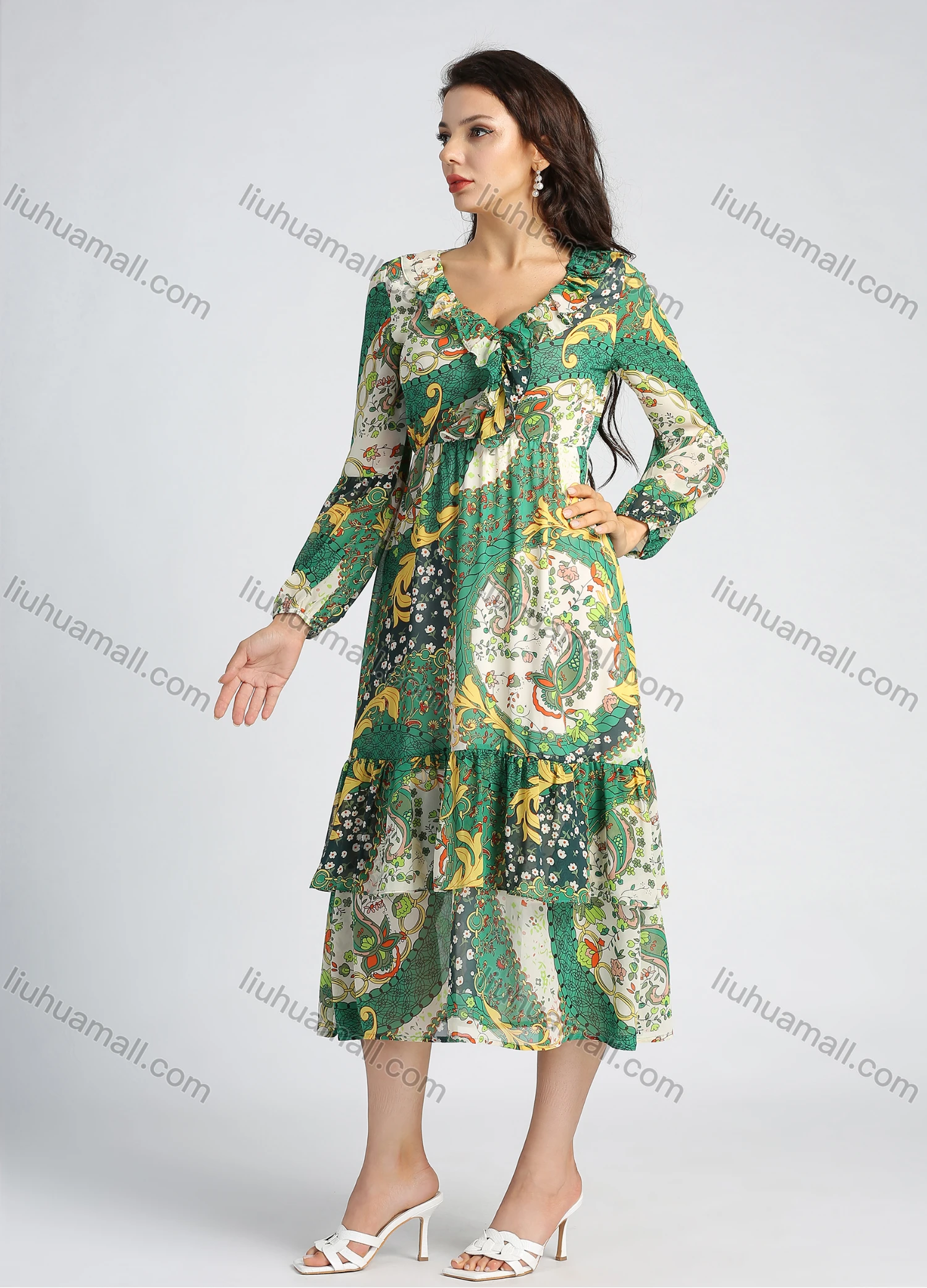 Wholesale Women's Chiffon V Neck Allover Paisley Print Ruffle Trim High Waist Long Sleeve Midi Dress - Liuhuamall