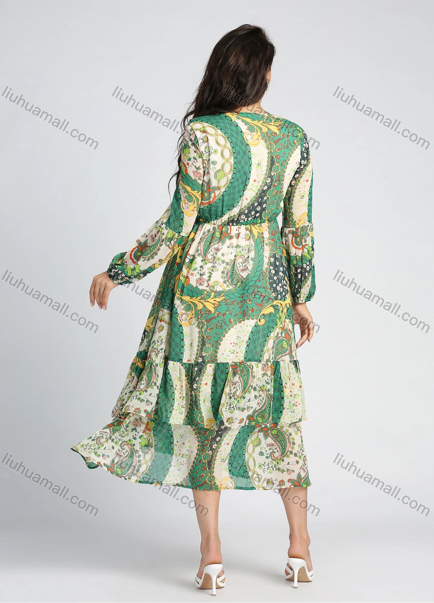 Wholesale Women's Chiffon V Neck Allover Paisley Print Ruffle Trim High Waist Long Sleeve Midi Dress - Liuhuamall