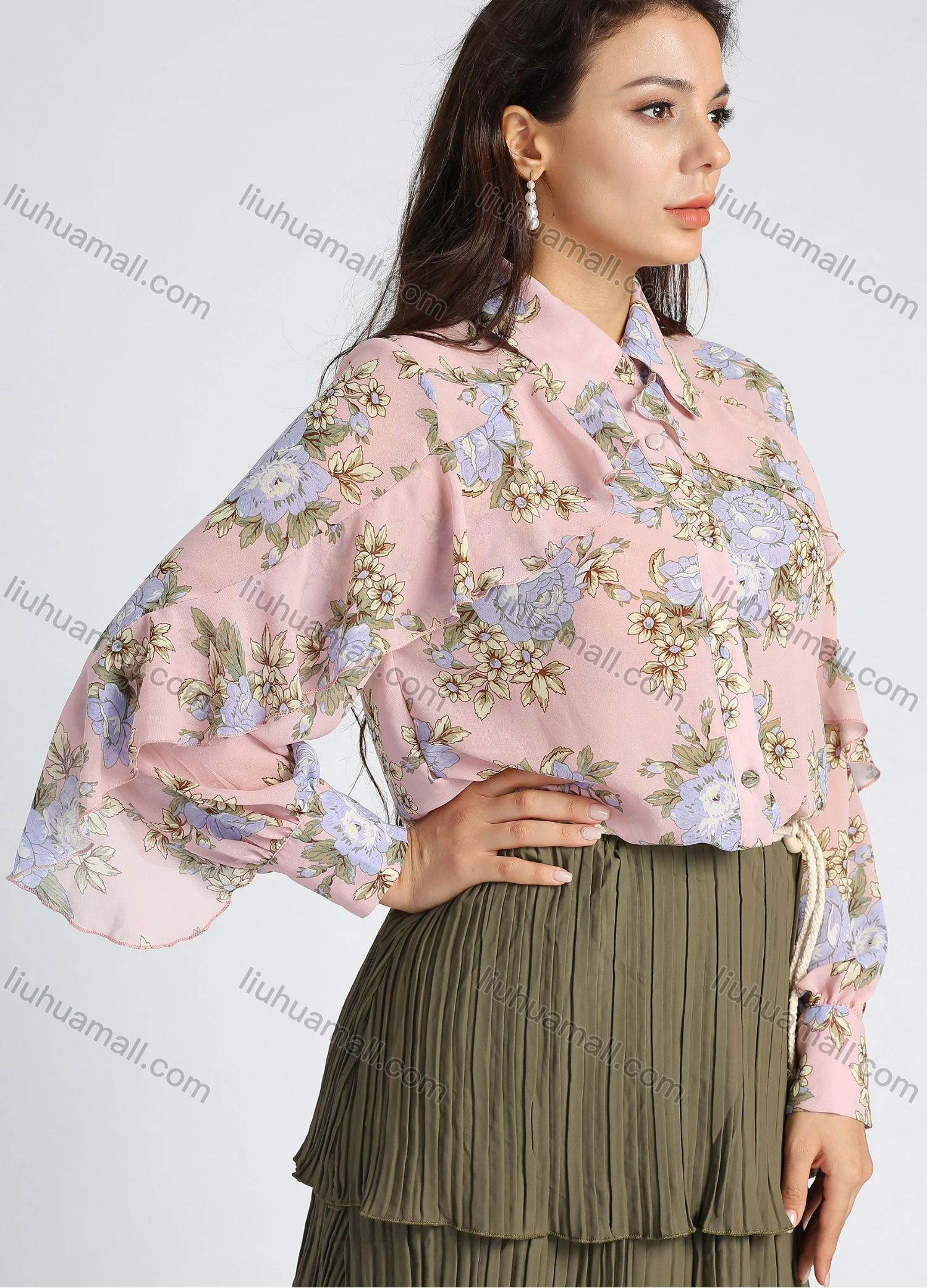 Wholesale Women's Chiffon Collared Allover Floral Print Long Sleeve Button Down Ruffle Trim Blouse - Liuhuamall