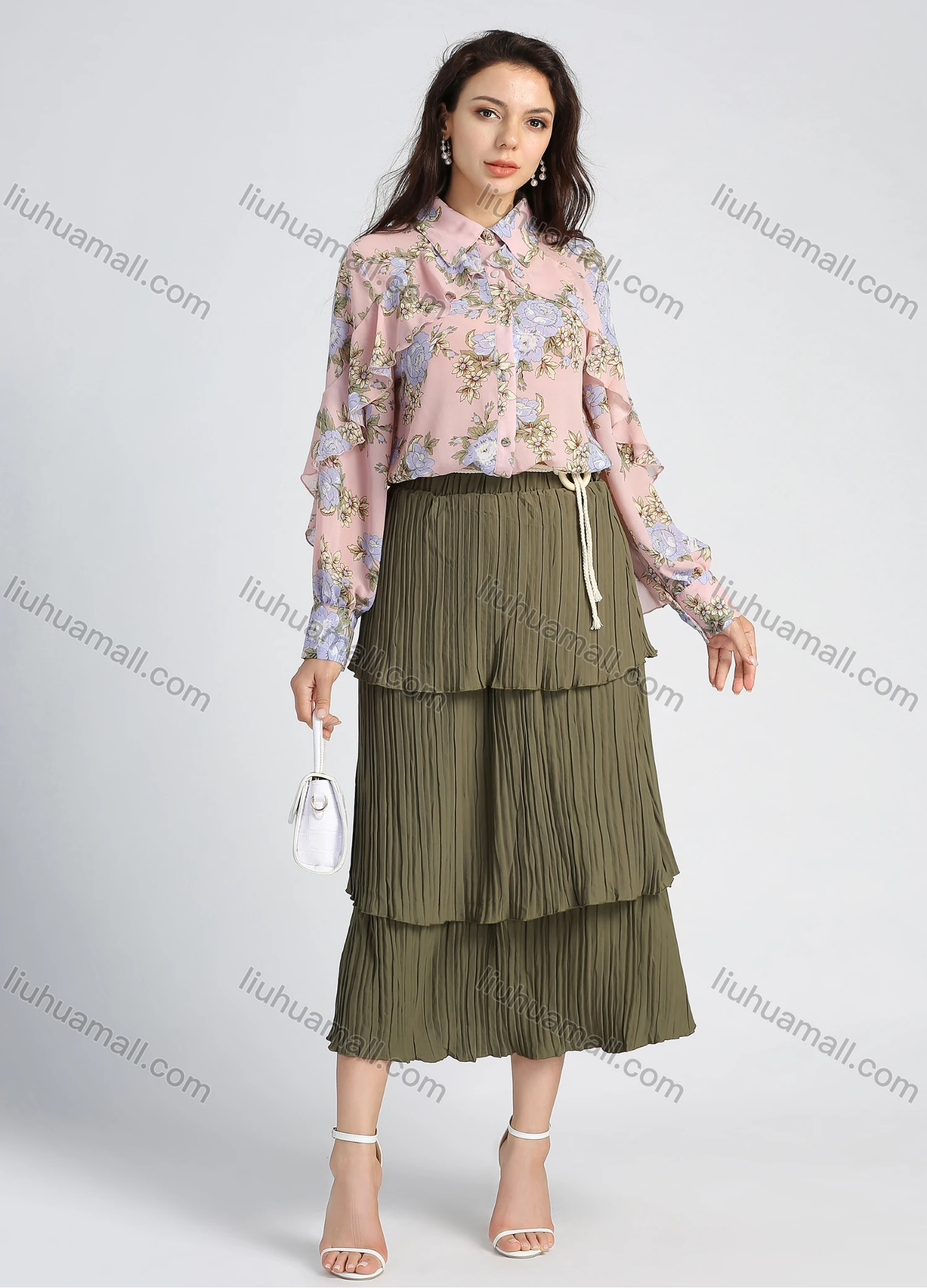 Wholesale Women's Chiffon Collared Allover Floral Print Long Sleeve Button Down Ruffle Trim Blouse - Liuhuamall