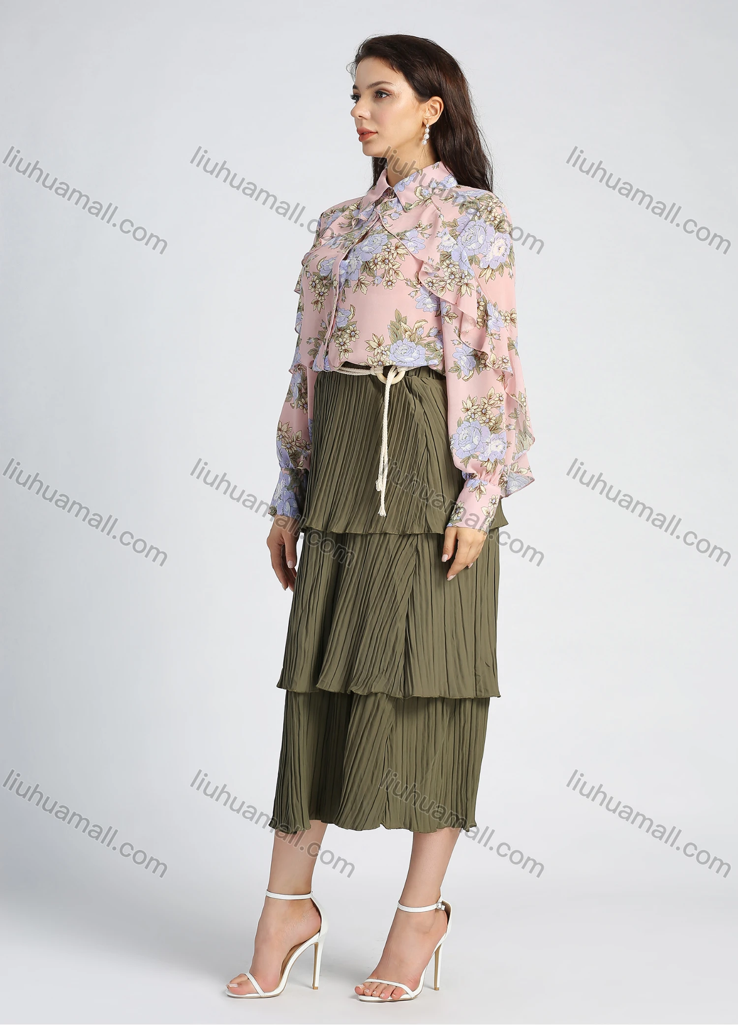 Wholesale Women's Chiffon Collared Allover Floral Print Long Sleeve Button Down Ruffle Trim Blouse - Liuhuamall