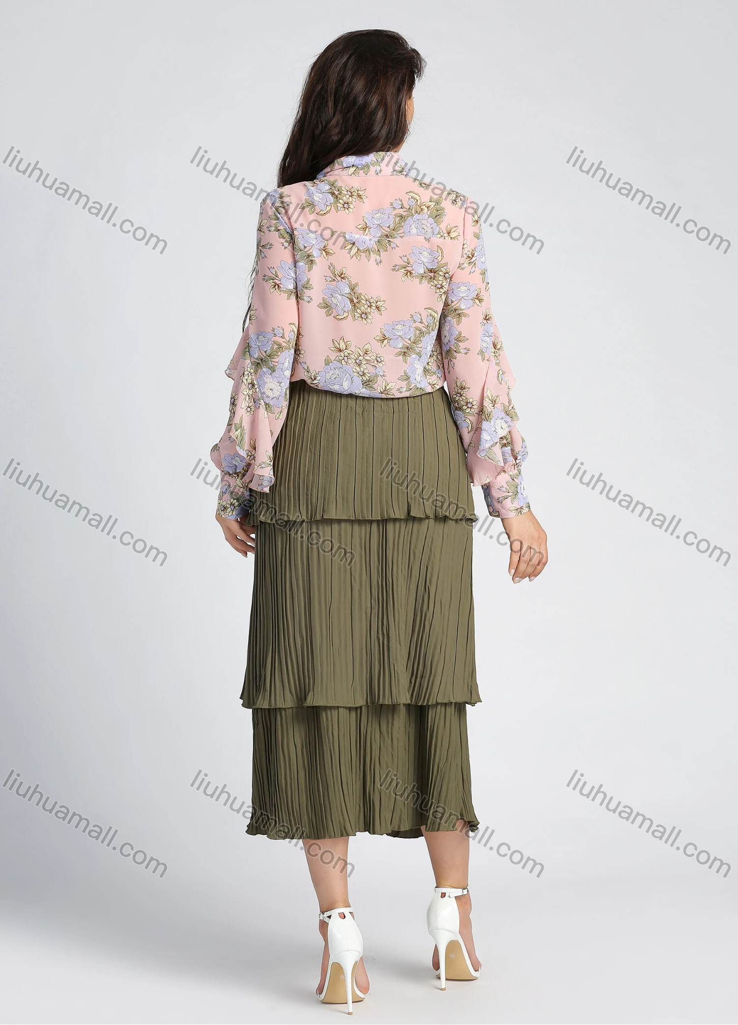 Wholesale Women's Chiffon Collared Allover Floral Print Long Sleeve Button Down Ruffle Trim Blouse - Liuhuamall