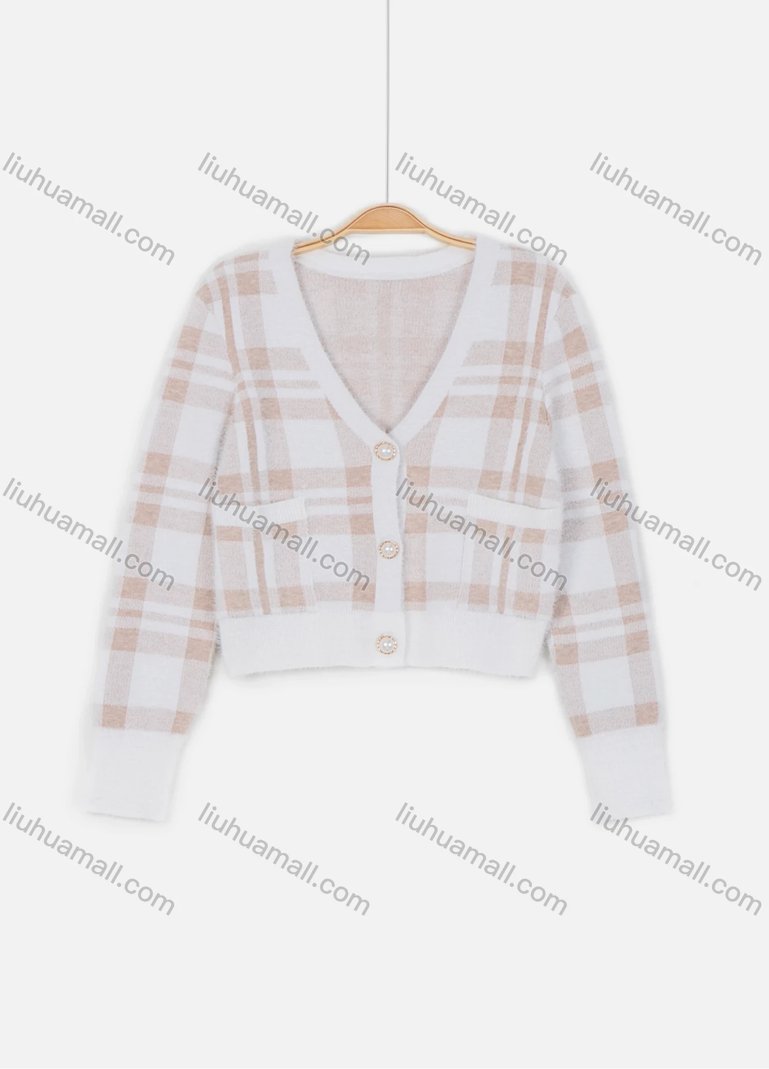 Wholesale Women's Casual V-Neck Long Sleeve Button Down Crop Plaid Print Knit Cardigan - Liuhuamall