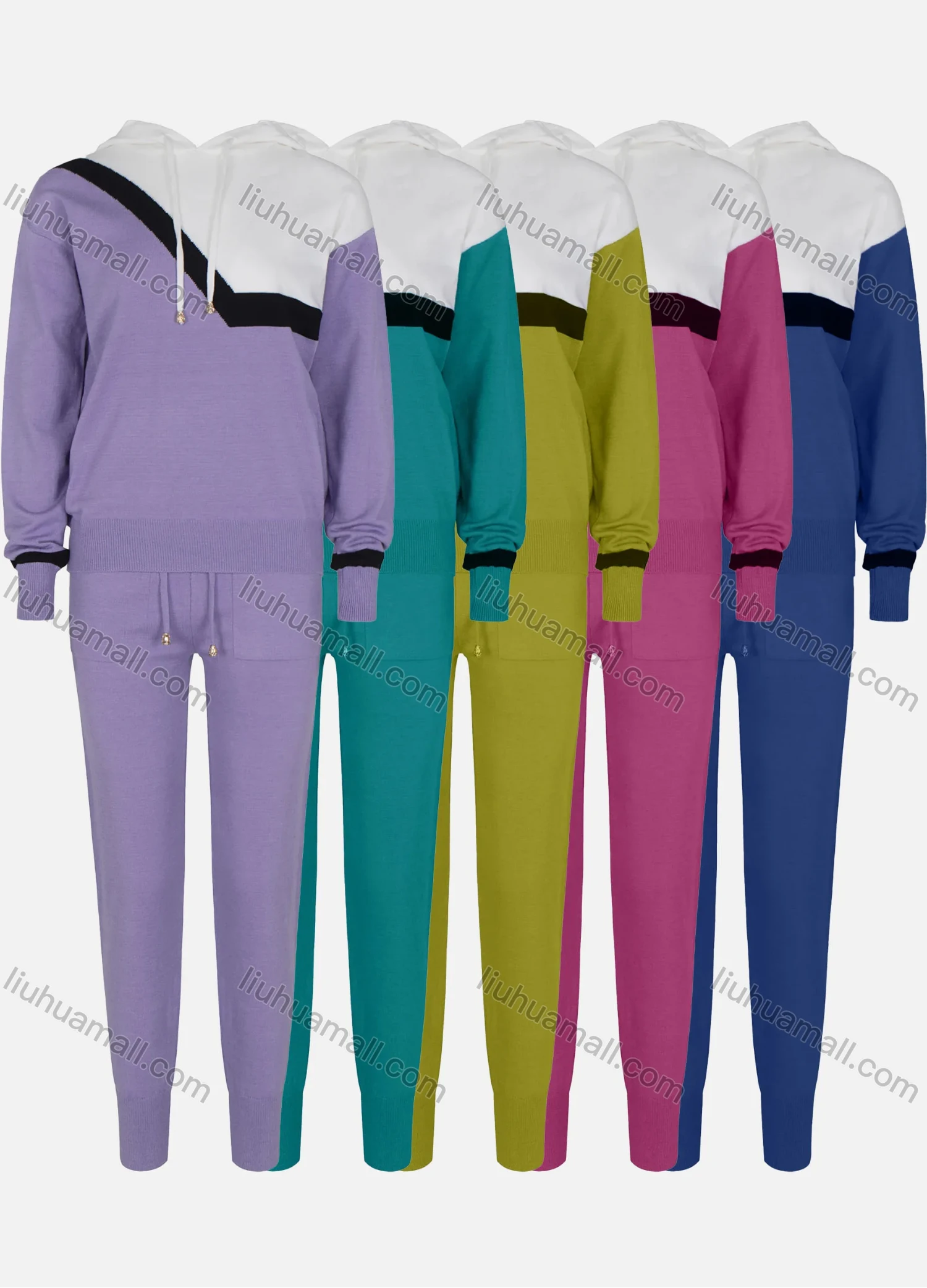 Wholesale Women's Long Sleeve Colorblock Drop Shoulder Hoodie 2 Piece Set - Liuhuamall