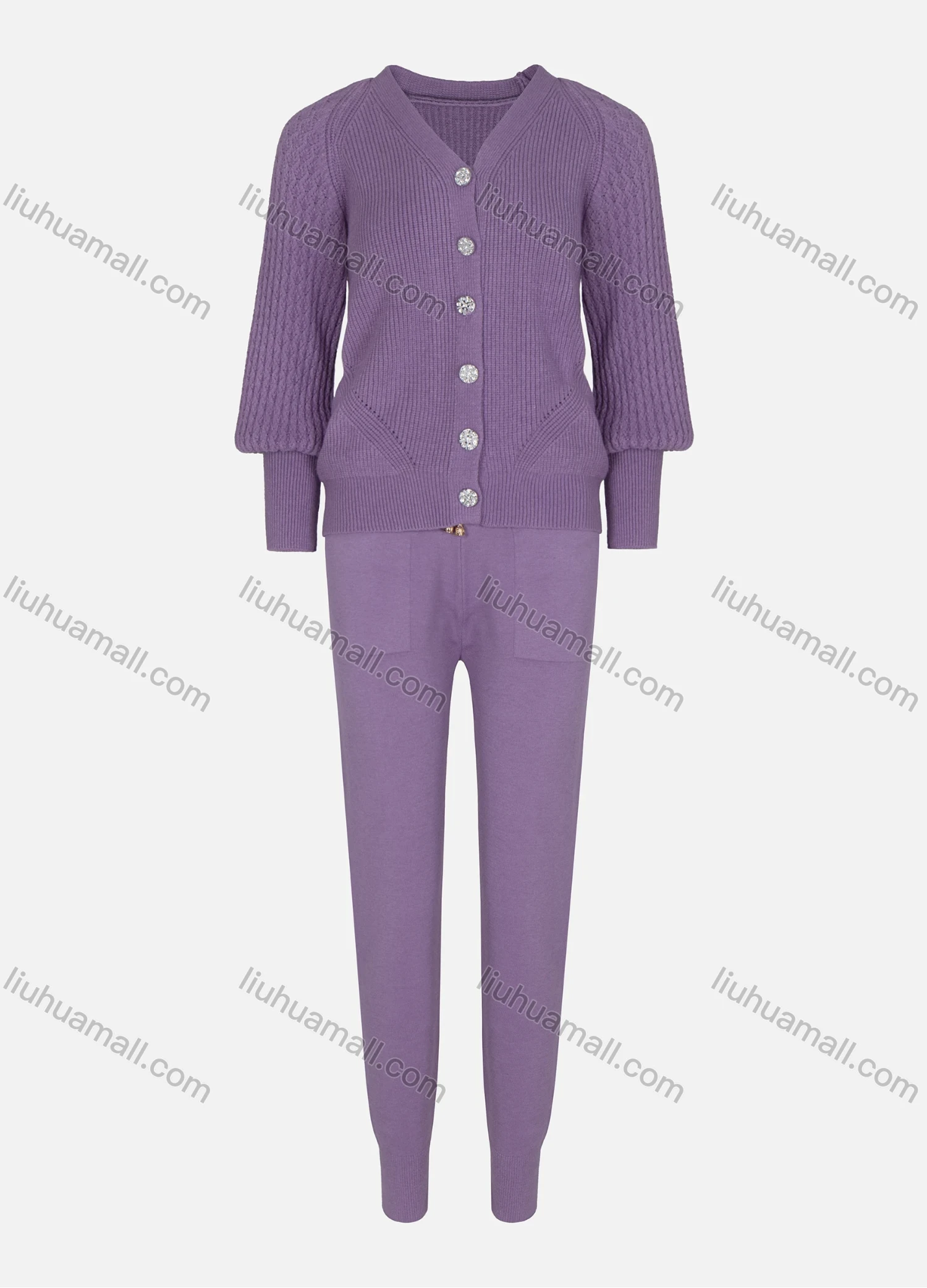 Wholesale Women's Rib-Knit Plain V-Neck Button Cardigan 2 Piece Set - Liuhuamall