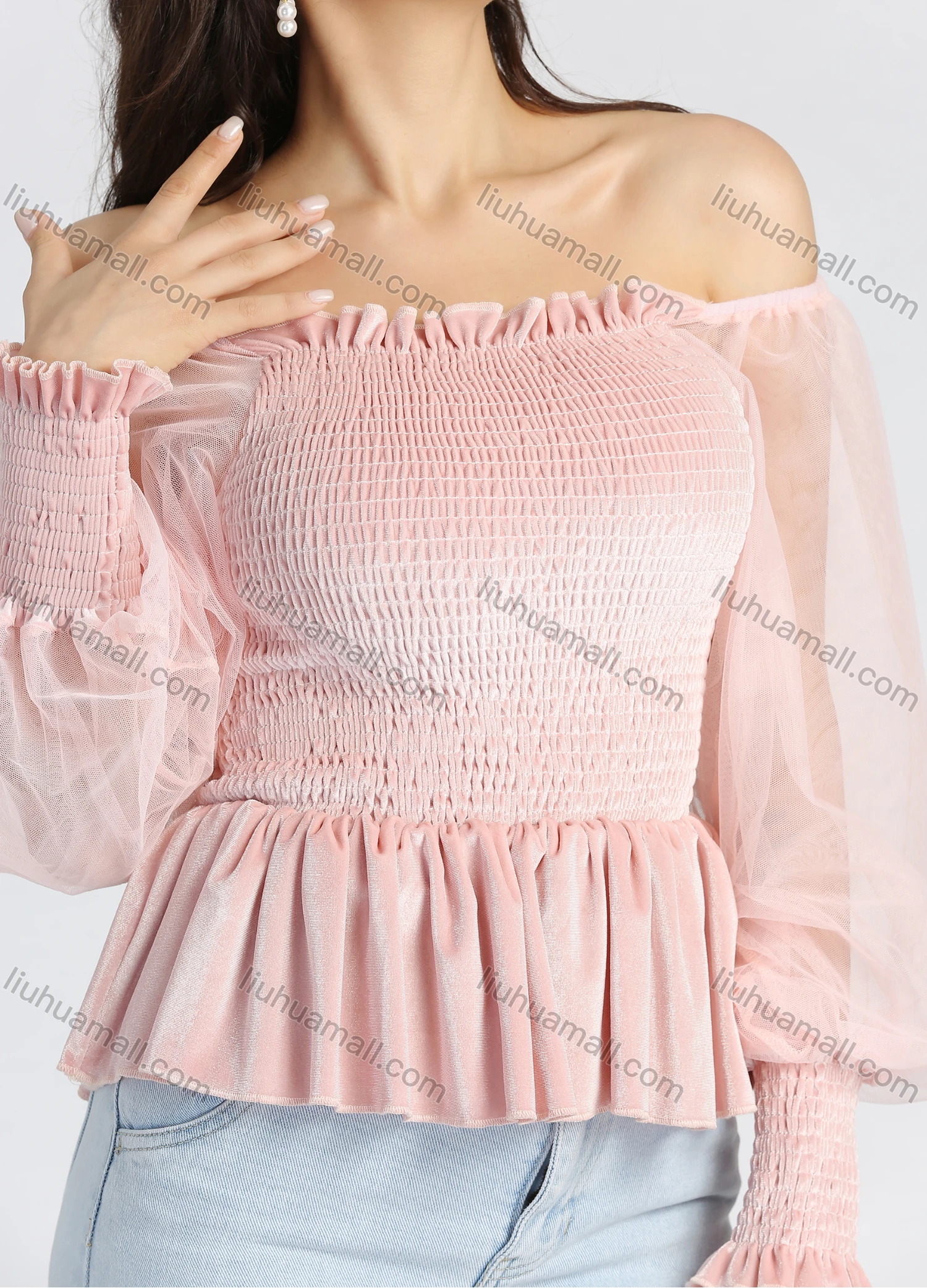 Wholesale Women's Off Shoulder Ruffled Trim Splicing Lantern Sleeve Shirred Plain Blouse - Liuhuamall