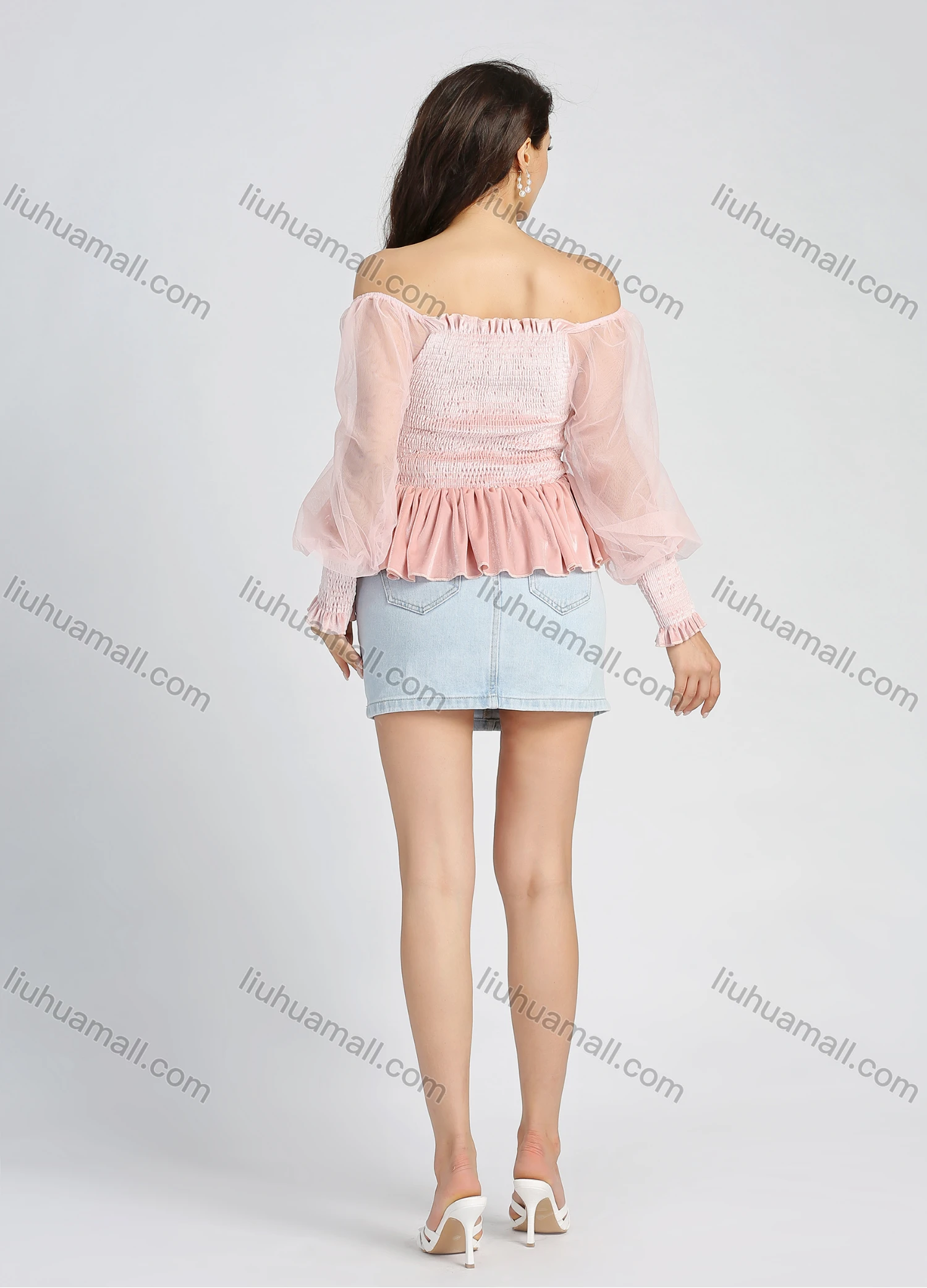 Wholesale Women's Off Shoulder Ruffled Trim Splicing Lantern Sleeve Shirred Plain Blouse - Liuhuamall