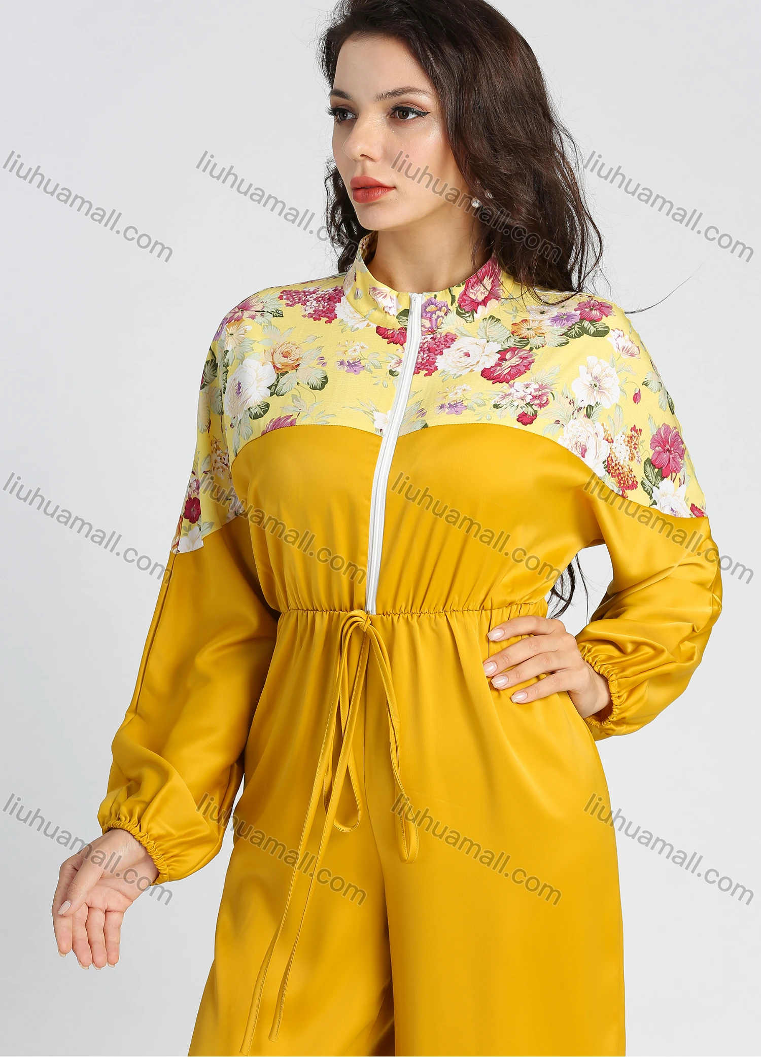 Wholesale Women's Fashion Floral Print Splicing Lantern Sleeve Zip Mock Neck Wide Leg Cropped Jumpsuit - Liuhuamall