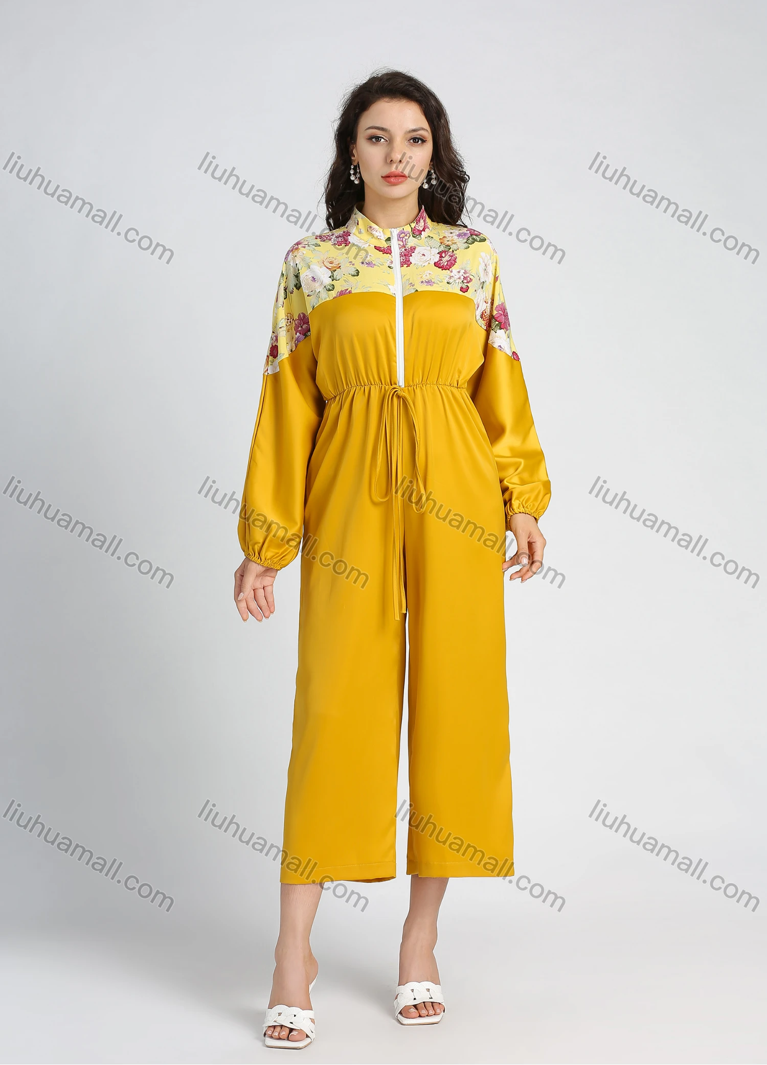 Wholesale Women's Fashion Floral Print Splicing Lantern Sleeve Zip Mock Neck Wide Leg Cropped Jumpsuit - Liuhuamall