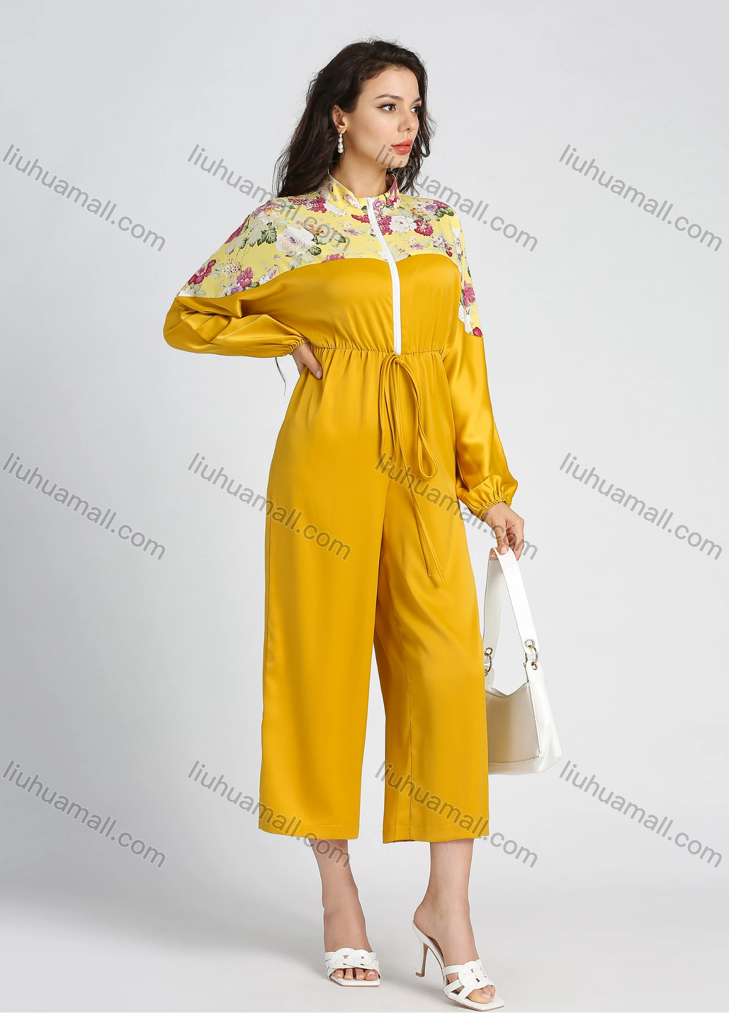 Wholesale Women's Fashion Floral Print Splicing Lantern Sleeve Zip Mock Neck Wide Leg Cropped Jumpsuit - Liuhuamall