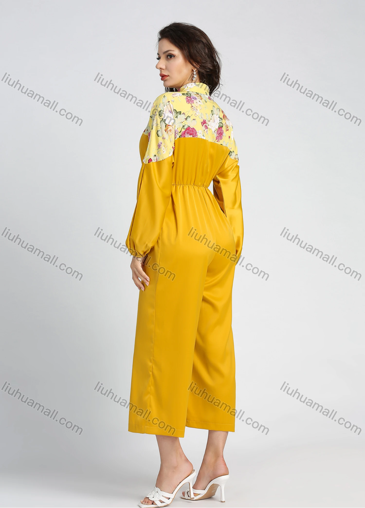 Wholesale Women's Fashion Floral Print Splicing Lantern Sleeve Zip Mock Neck Wide Leg Cropped Jumpsuit - Liuhuamall