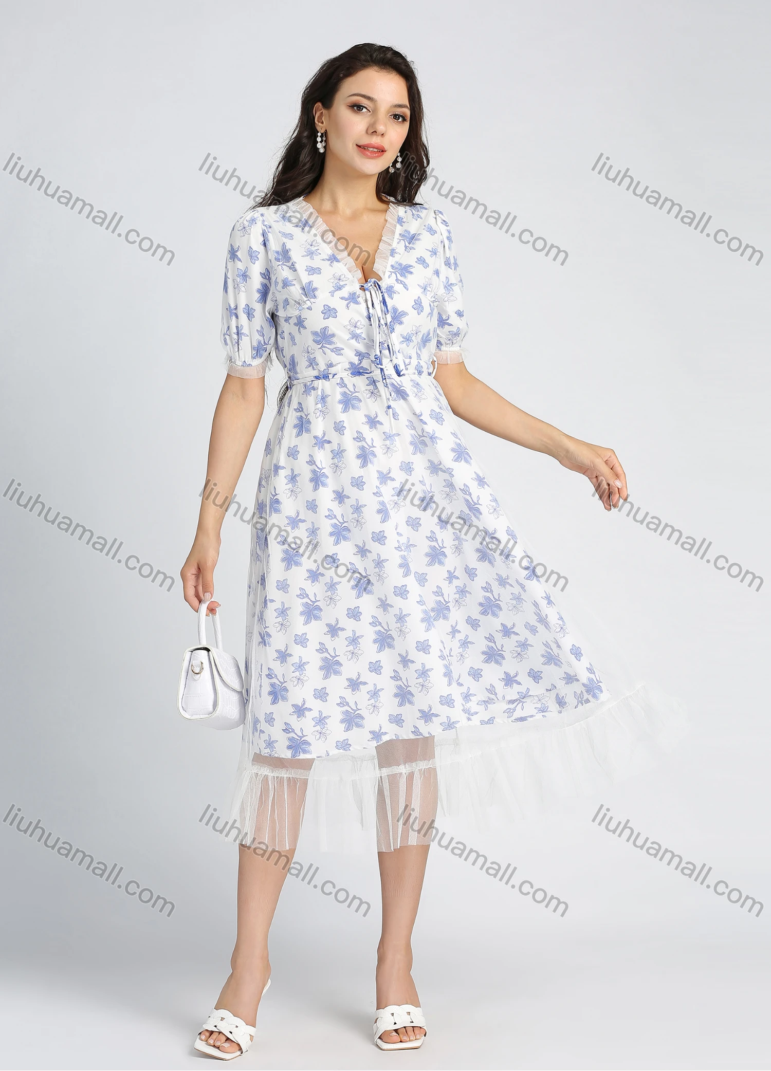 Wholesale Women's Casual Allover Floral Print V Neck Mesh Lace Short Sleeve Midi Dress With Belt - Liuhuamall
