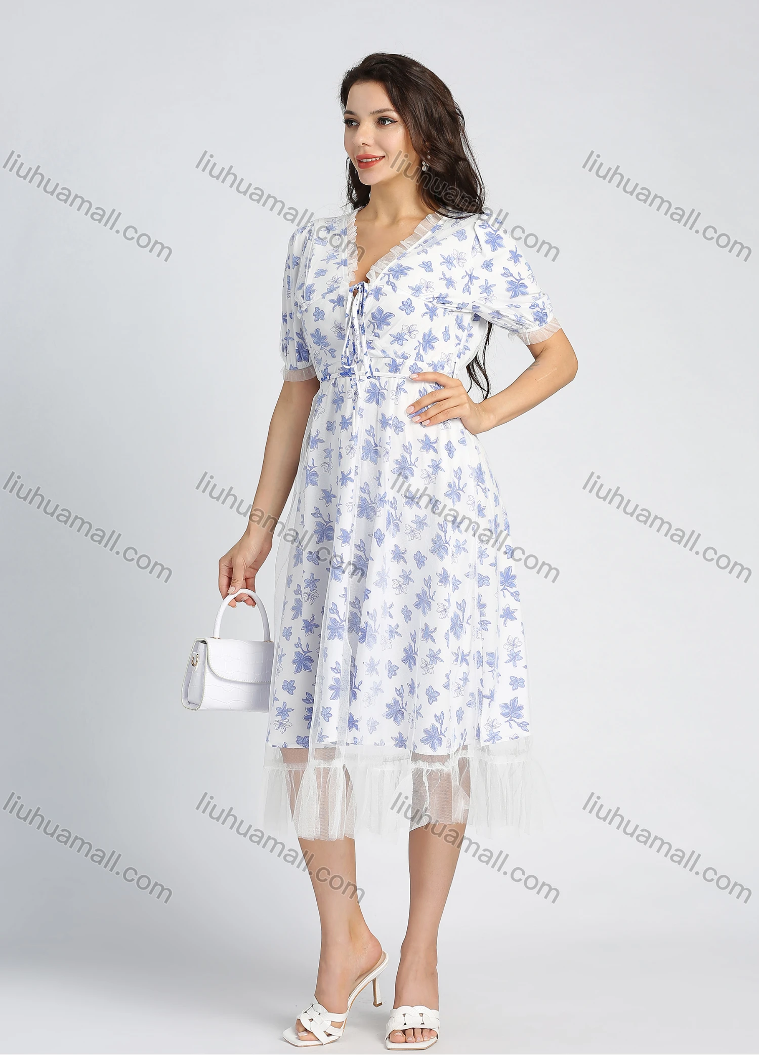 Wholesale Women's Casual Allover Floral Print V Neck Mesh Lace Short Sleeve Midi Dress With Belt - Liuhuamall