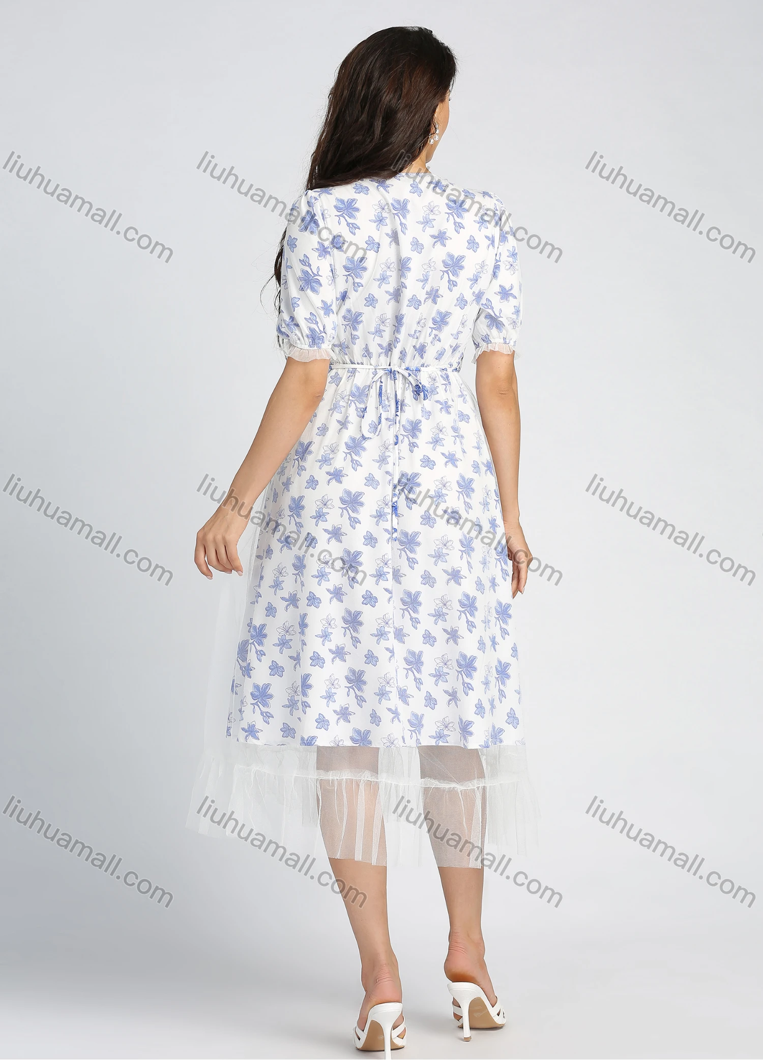 Wholesale Women's Casual Allover Floral Print V Neck Mesh Lace Short Sleeve Midi Dress With Belt - Liuhuamall