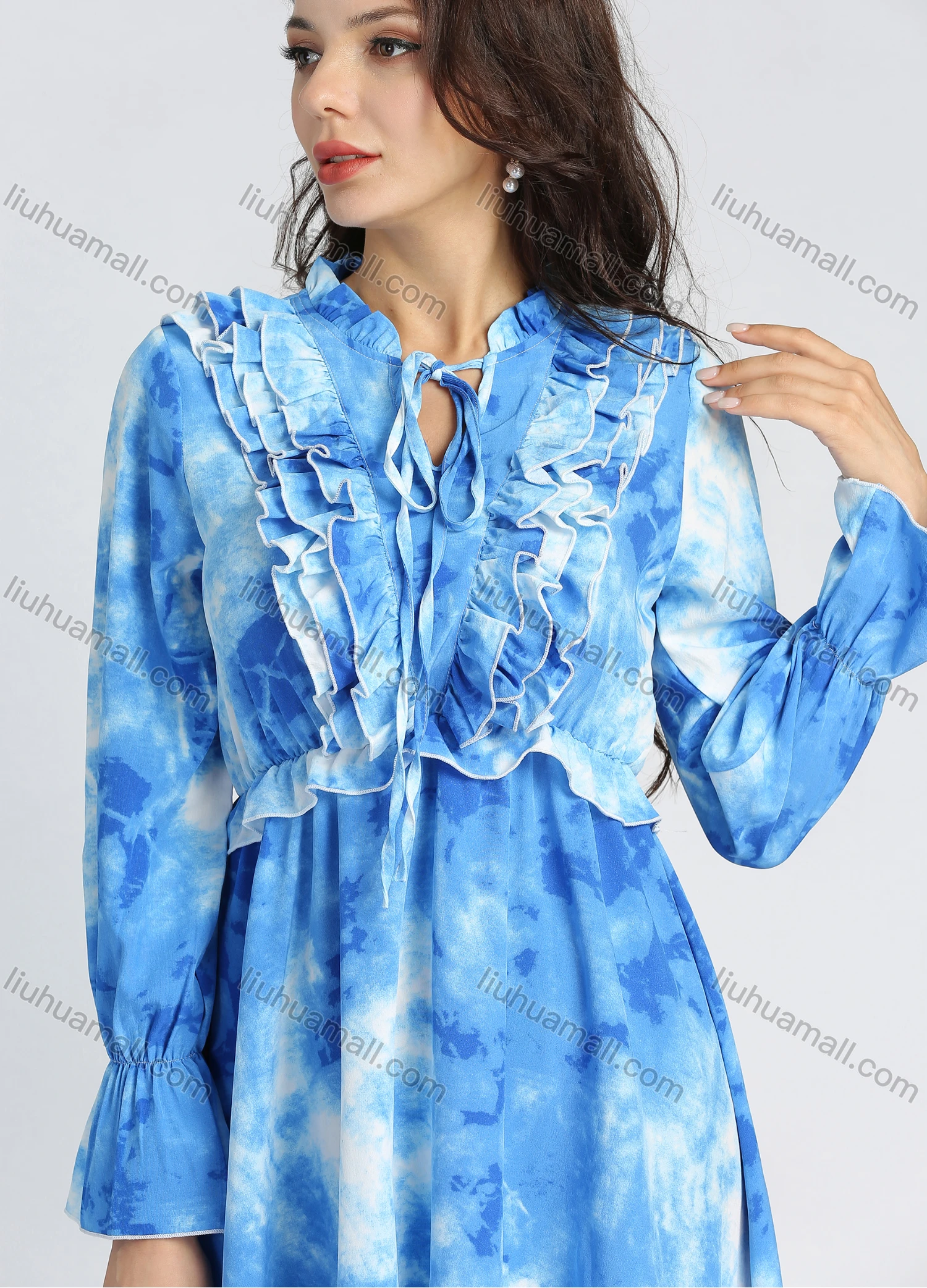 Wholesale Women's Tie Dye Ruffle Trim Tie Neck Bell Sleeve Knee Length Dress - Liuhuamall